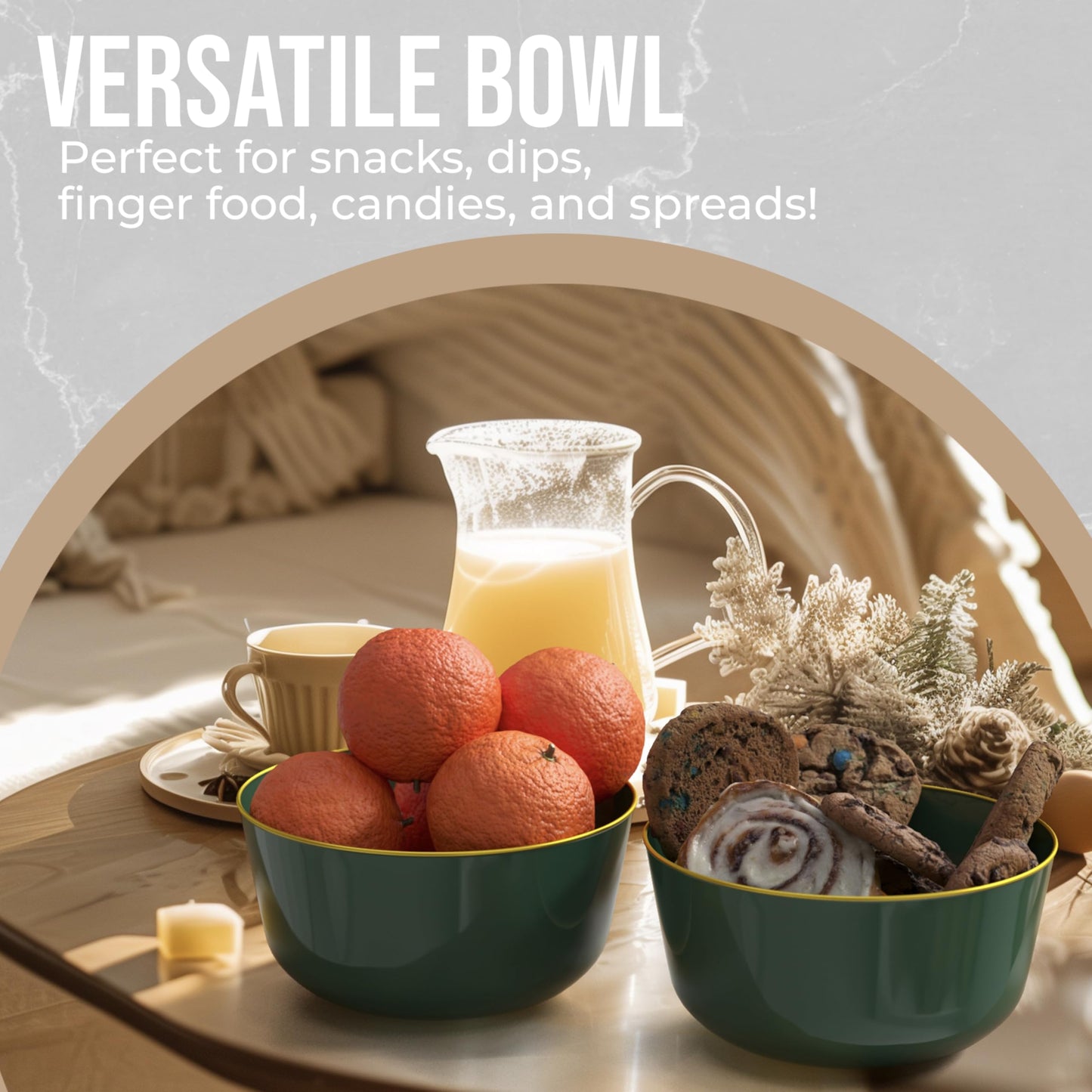 Trendables 24 oz Plastic Bowls Set - Fancy Serving Bowls - Perfect for Ice Cream, Salad, Candy - Disposable (1, Green Gold Rimmed)