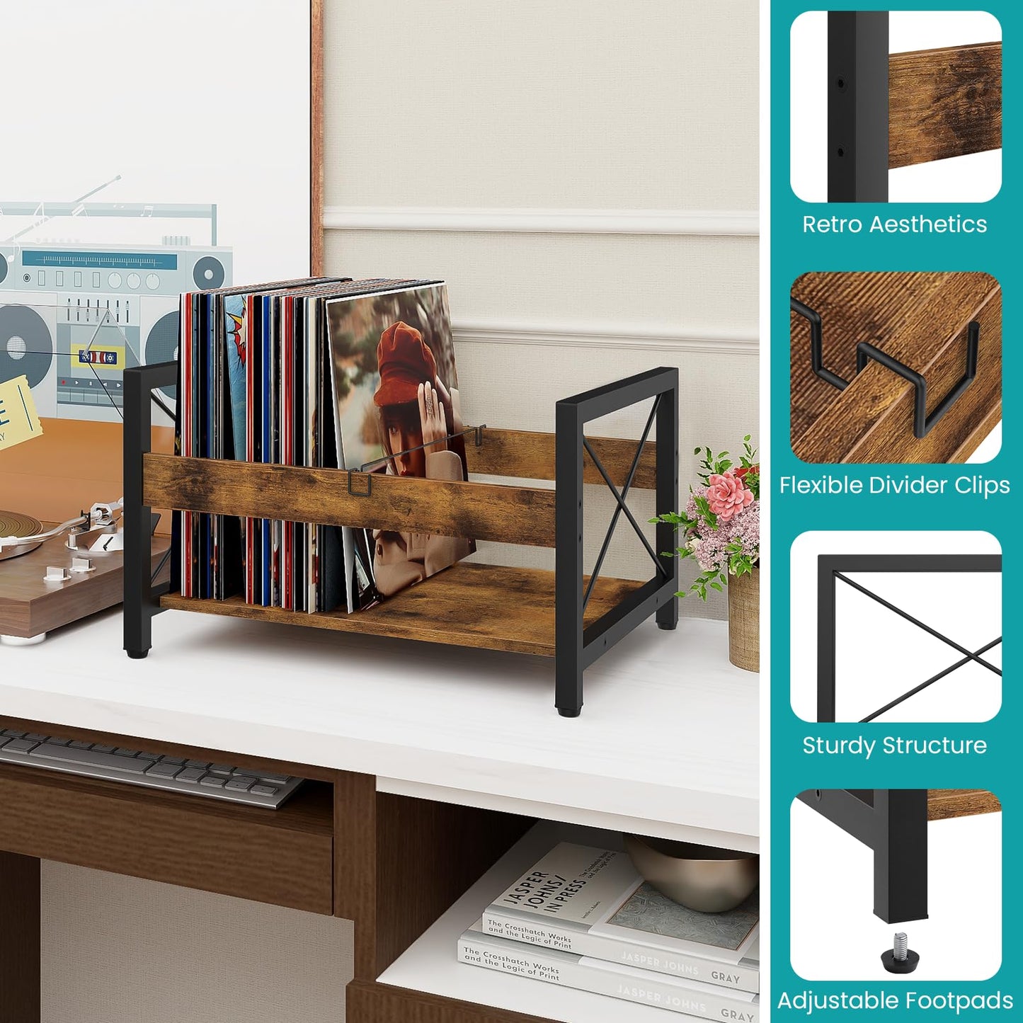 ELITEROO Vinyl Record Holder, Wooden Record Crate Fits 7” -12” Records, Vinyl Shelf Holds up to 50-100 Albums, DVDs, CDs or Files Wood Book Storage Stand Desktop Organizer Box, Rustic Brown