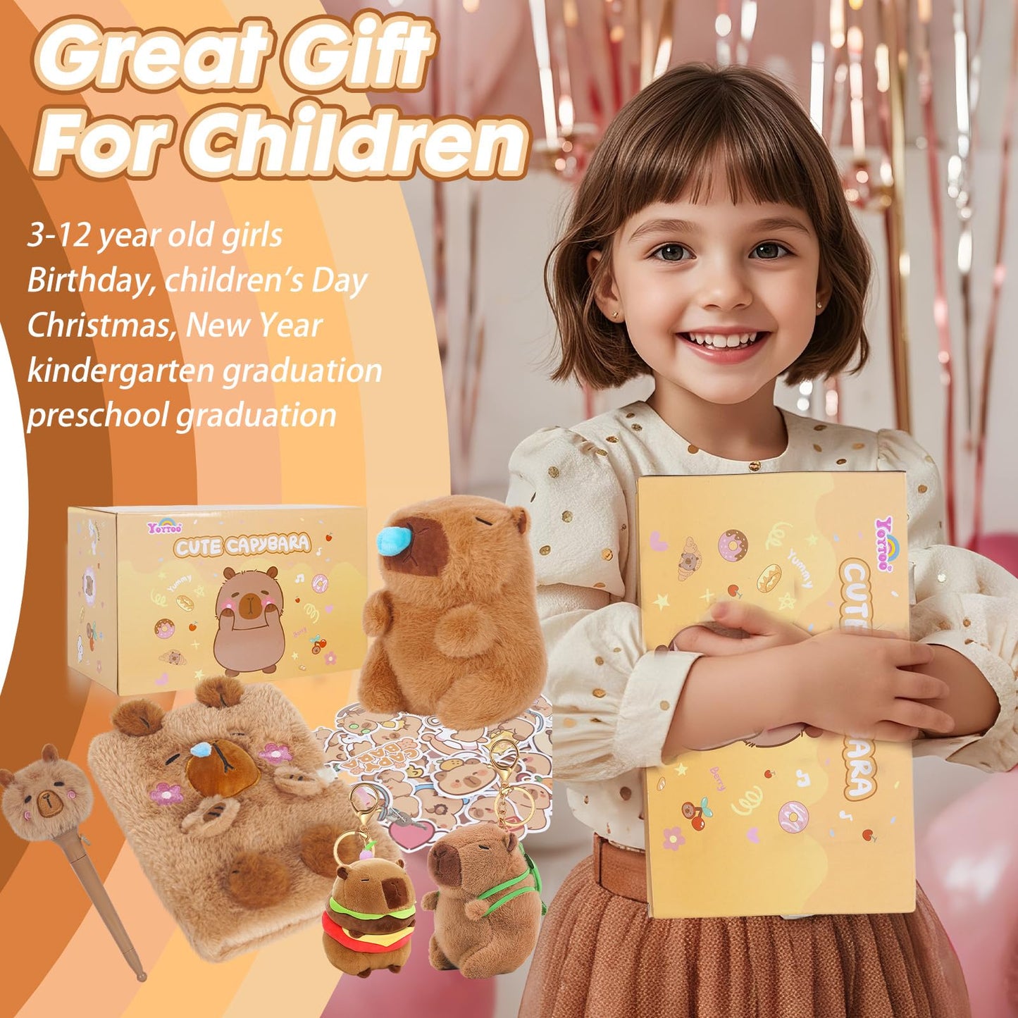Capybara Gifts for Girls, Kids Capybara Plush Toys Set with Capybara Stuffed Animal, Secret Diary, Ballpoint Pen, Stickers, Birthday Gifts for Little Girls Age 5 6 7 8 9 10-12 Years Old