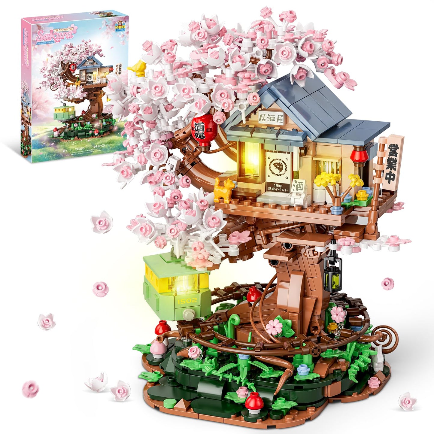 Cherry Blossom Treehouse Building Set for Girls 8-12, Compatible with Lego Friends, Flowers House Japanese Izakaya Shop Architecture Building Blocks Toy with Light for Adults, Gift for Kids (1098 PCS)