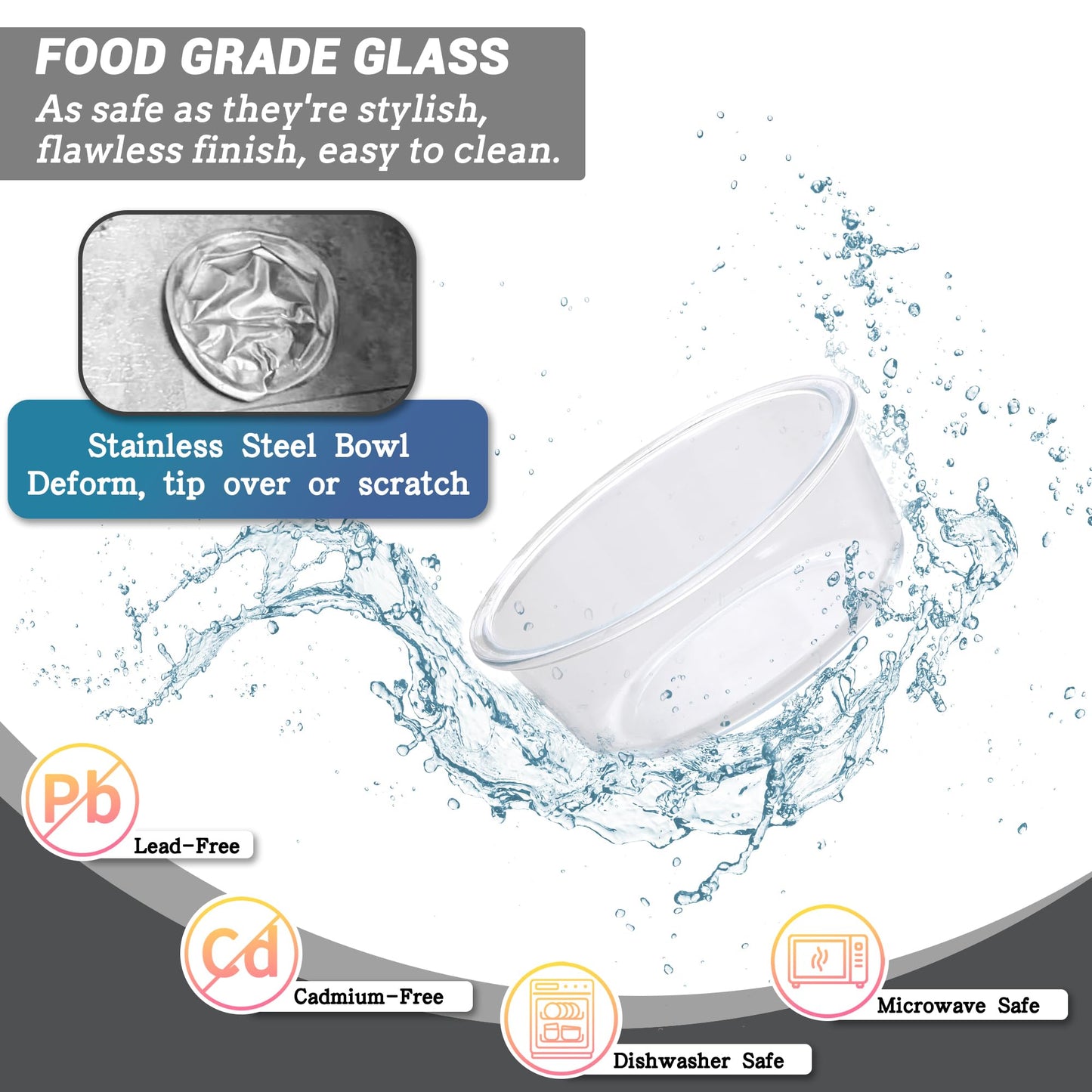 Glass Elevated Dog Bowl Set - Raised Food and Water Bowls with Metal Stand - Pet Dishes for Small and Medium Dogs - 2 Cups (27 fl oz) Each - Transparent