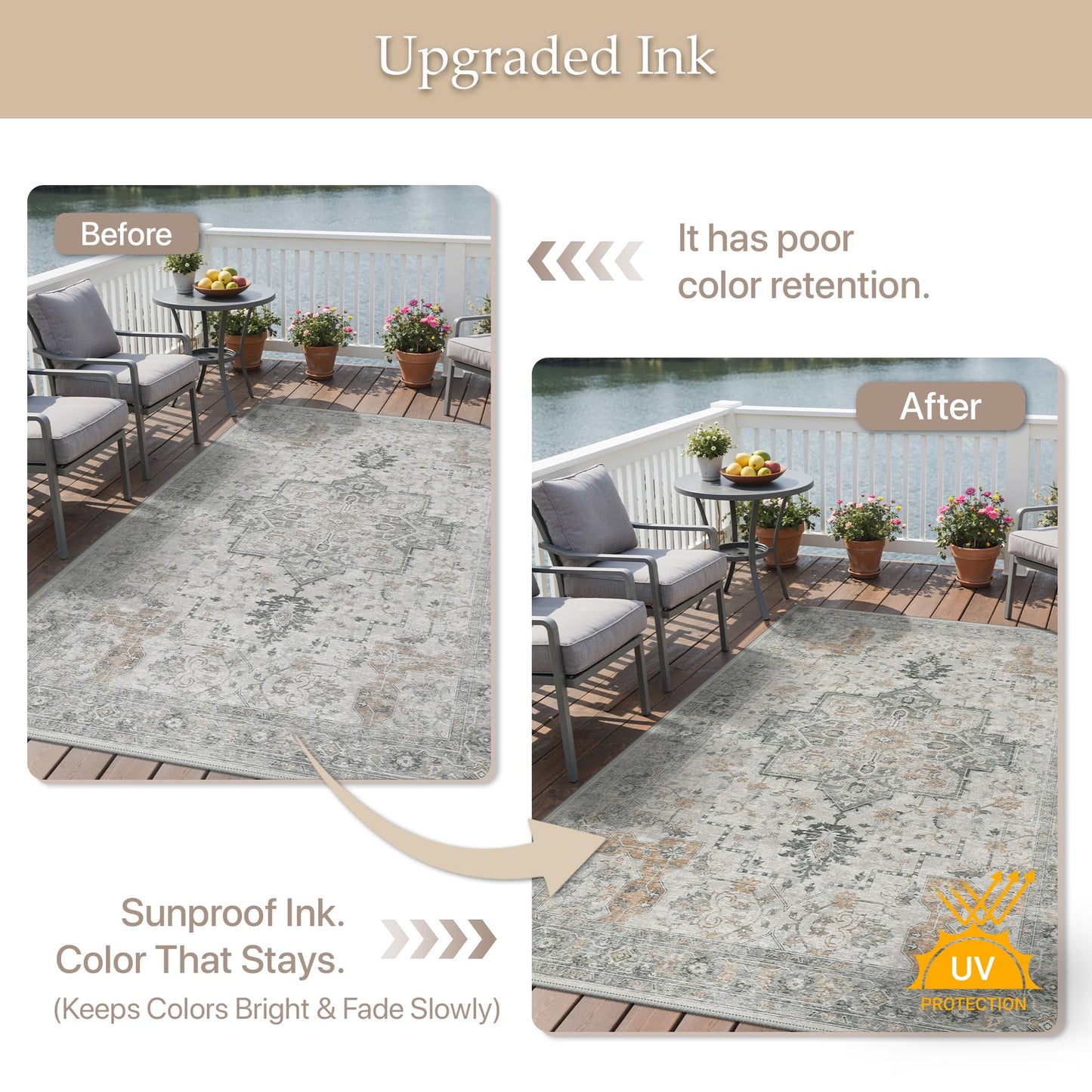 GENIMO Indoor & Outdoor Area Rug 5'x8', Waterproof, Non-Shedding, Easy Cleaning, Boho Mat for Patio, Living Room, Balcony, Dining Room, Deck, RV, Bedroom, Camping, Outside Carpet, Light Grey Brown
