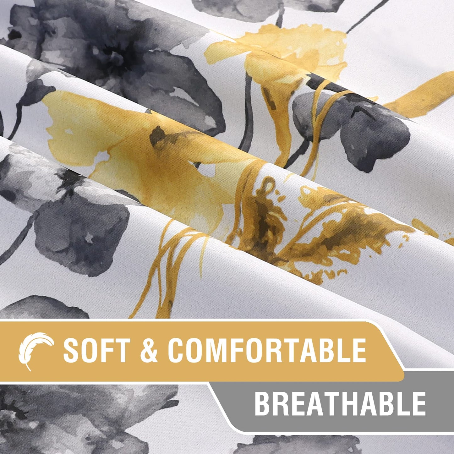 H.VERSAILTEX 100% Blackout Curtains 84 inch Length 2 Panels Set Cattleya Floral Printed Drapes Leah Floral Thermal Curtains for Bedroom with Black Liner Sound Proof Curtains, Grey and Yellow