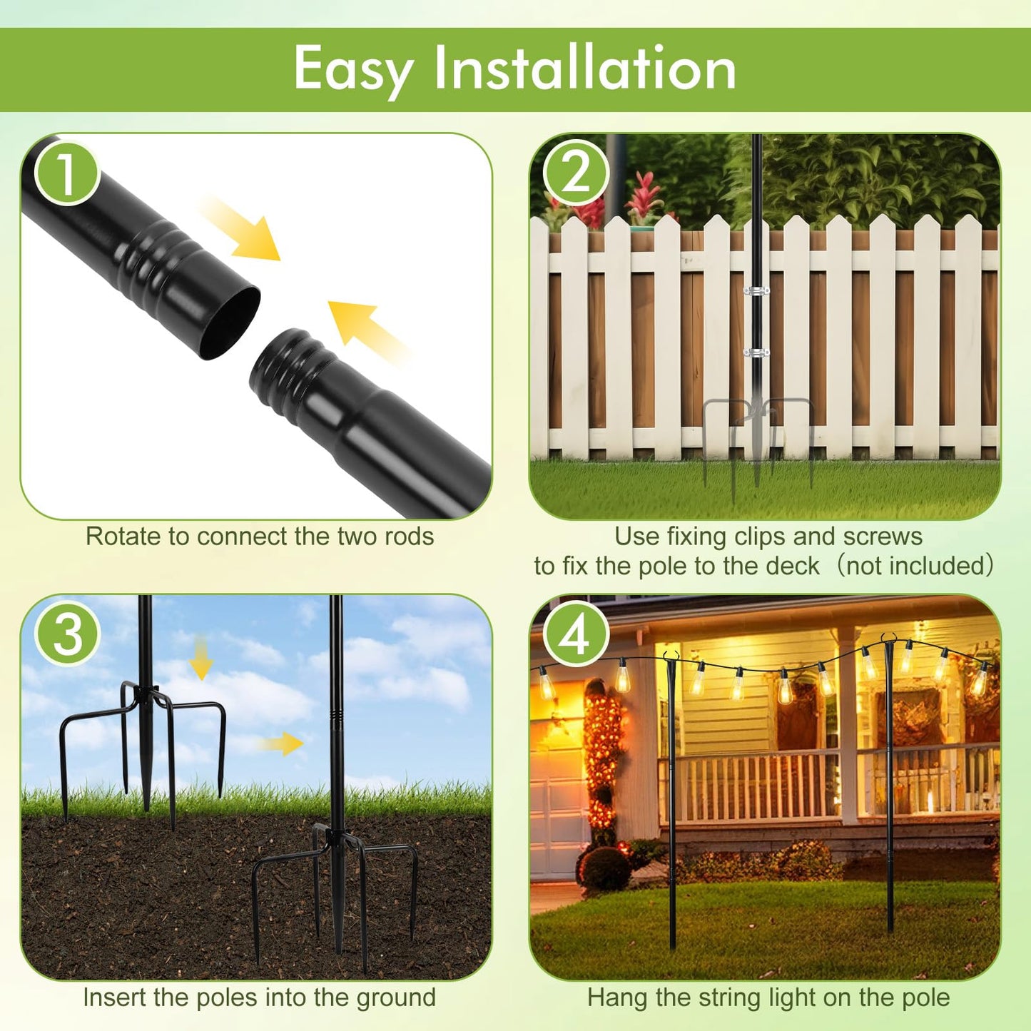 4 Pack 10FT String Light Poles, Heavy Duty Metal Light Poles for Outdoors, Adjustable Lighting Stand with Fork for Patio, Backyard, Garden, Deck, Party, Wedding, Christmas Decorations