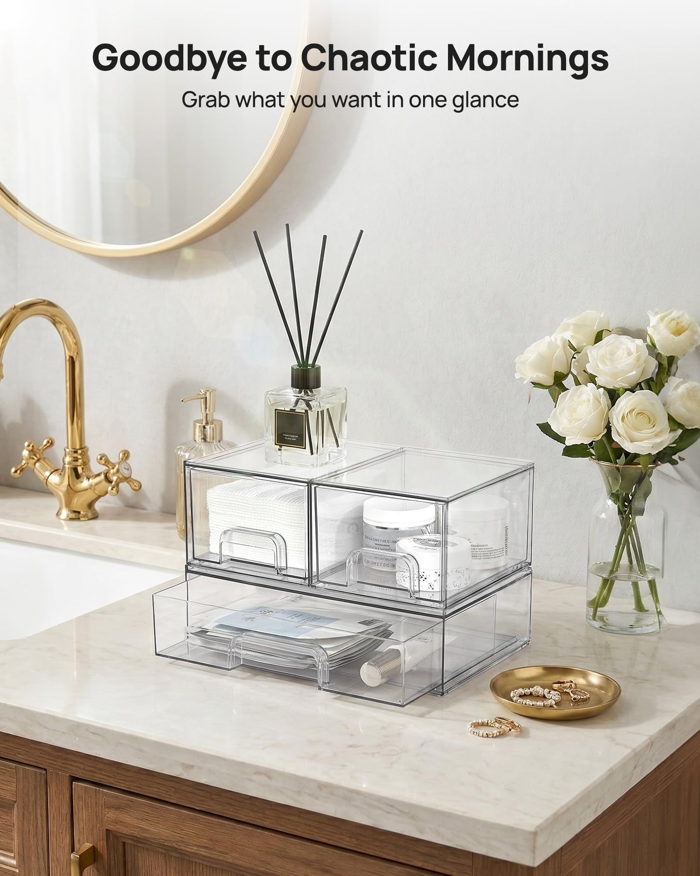 Vtopmart 3 Pack Stackable Clear Plastic Drawer Organizer, Makeup Organizers and Storage for Eyeshadow Palettes, Cosmetics, Beauty Supplies, Ideal for Vanity, Desk, Office, Bathroom Organization
