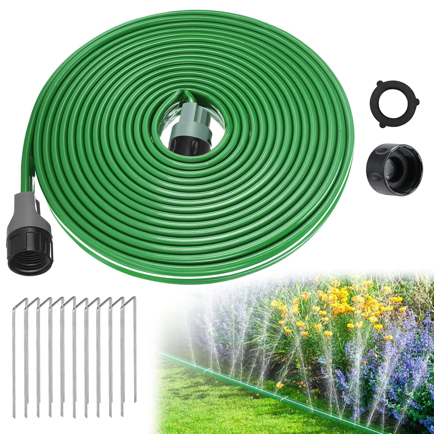 25ft Sprinkler Soaker Hose - Kink-free, Save Water, Flexible - Heavy Duty Three Tube Flat Watering Hose for Garden Yard Lawn Irrigation, With 10 Stakes