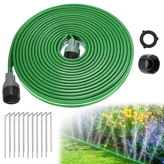 25ft Sprinkler Soaker Hose - Kink-free, Save Water, Flexible - Heavy Duty Three Tube Flat Watering Hose for Garden Yard Lawn Irrigation, With 10 Stakes