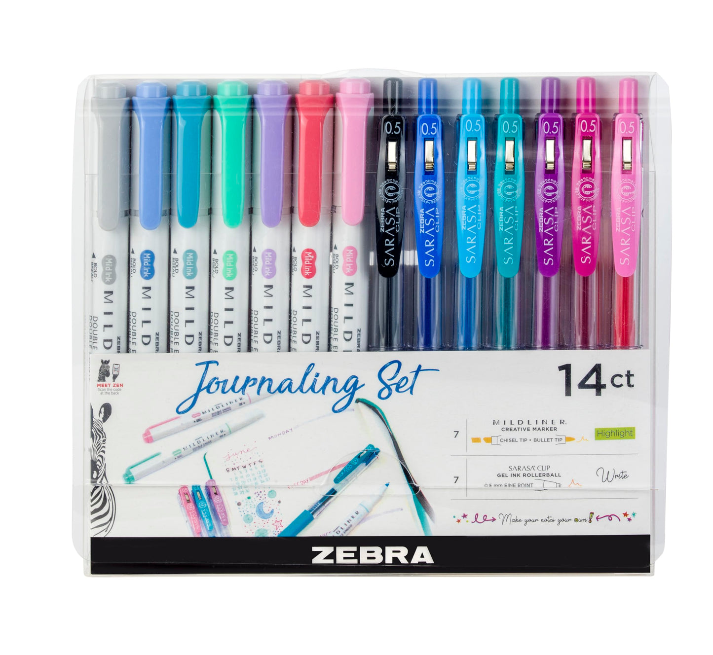 Zebra Pen Journaling Set, 14-Pack Assorted Colours, Includes 7 MILDLINER Highlighters and 7 SARASA Clip Gel Pens, Ideal for Bullet Journals, Planners, and Note-Taking (10014)