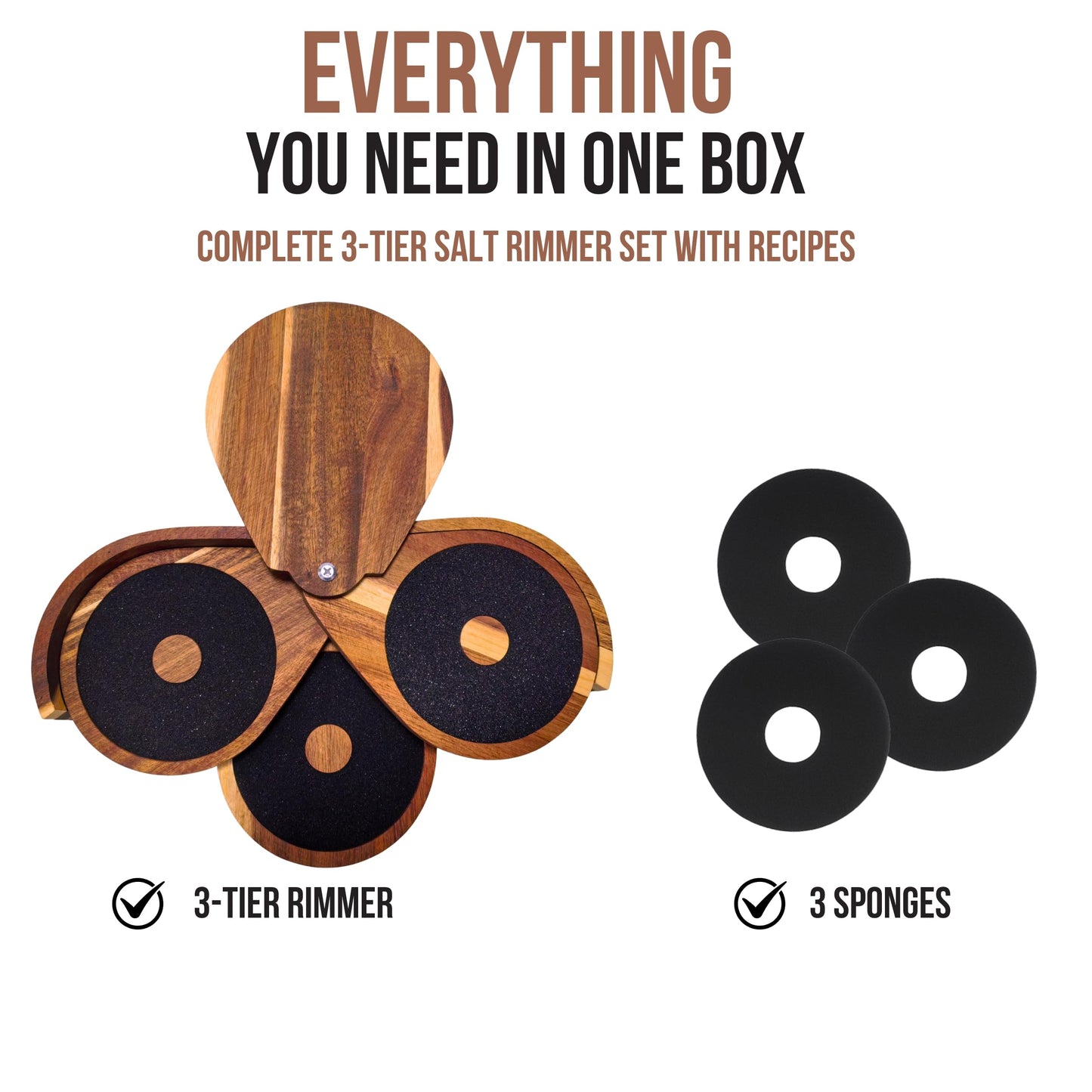3-Tier Margarita Salt Wood Rimmer Tray Set – Brown Acacia Wood Cocktail Rimmer with Lid Includes 3 Sponges for Sugar Rimmer for Cocktails Rim Salt for Cocktails Margarita Gift Sets