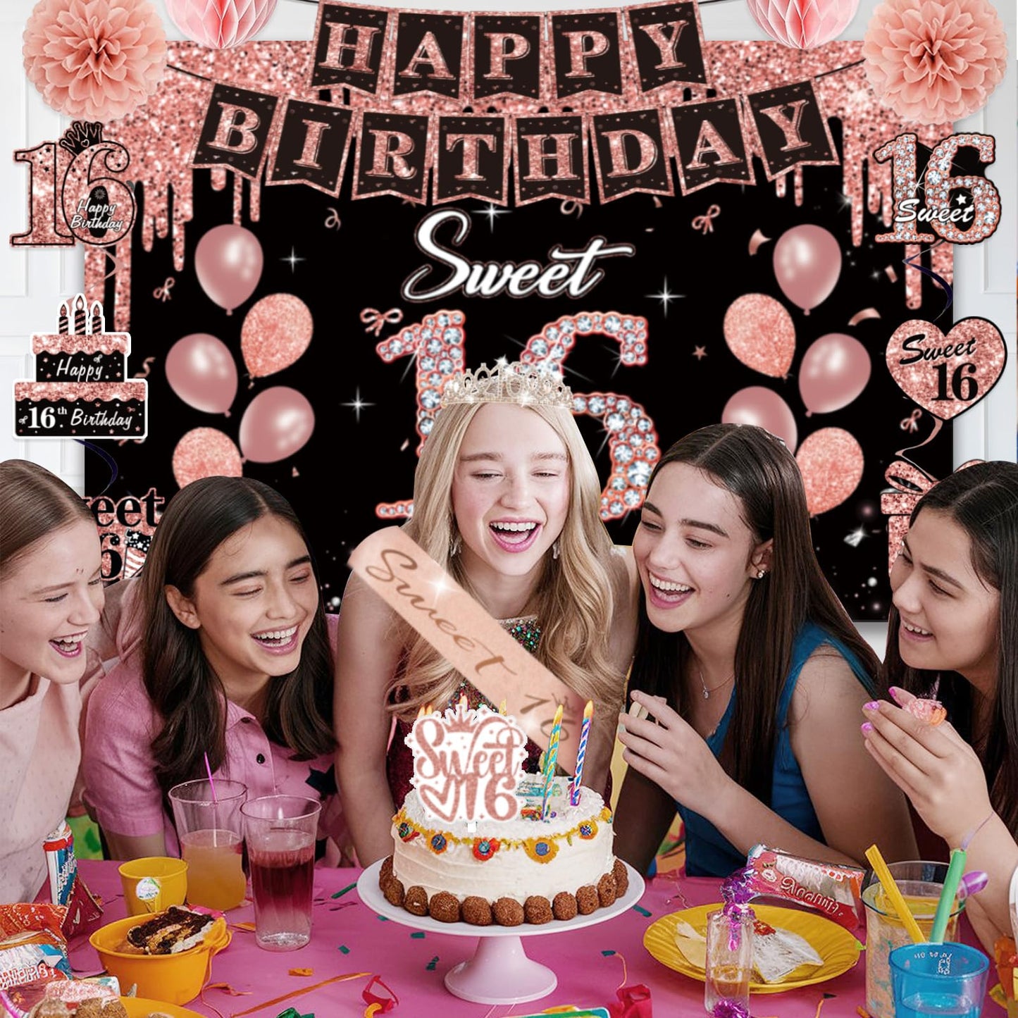 50PCS Sweet 16 Birthday Decorations for Girls, 16th Bady Crown and Sash Set, Rose Gold and Black Banner, Cake Topper, Balloons, Swirl, Pom Poms, Backdrop Decor, Happy Sixteen Party Supplies.