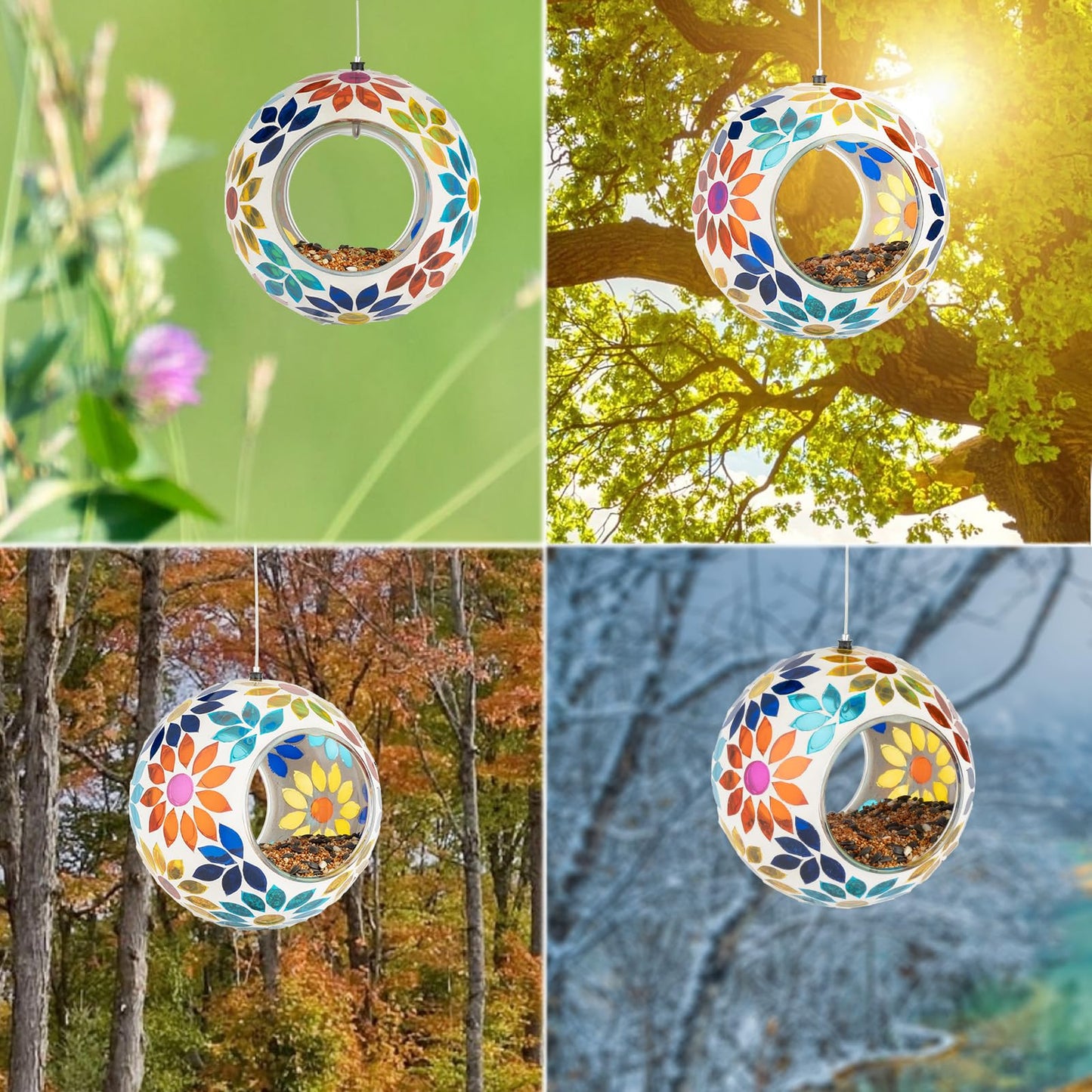 Backyard Expressions Hanging Glass Bird Feeder - Multicolor - Fly Through Bird Feeders for Outside, Mosaic Bird Feeder, Round Shape Wild Birdfeeder