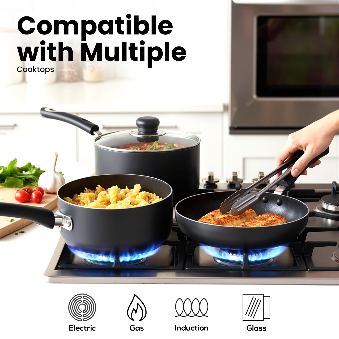 KICHLY Pots and Pans Set Non Stick 5pcs Cookware Set, Induction Frying Pans 20cm, 28cm, Saucepan with Lids 20cm, 18cm, Non Induction Saucepan 16cm, Dishwasher and Oven Safe Pots Set, Black