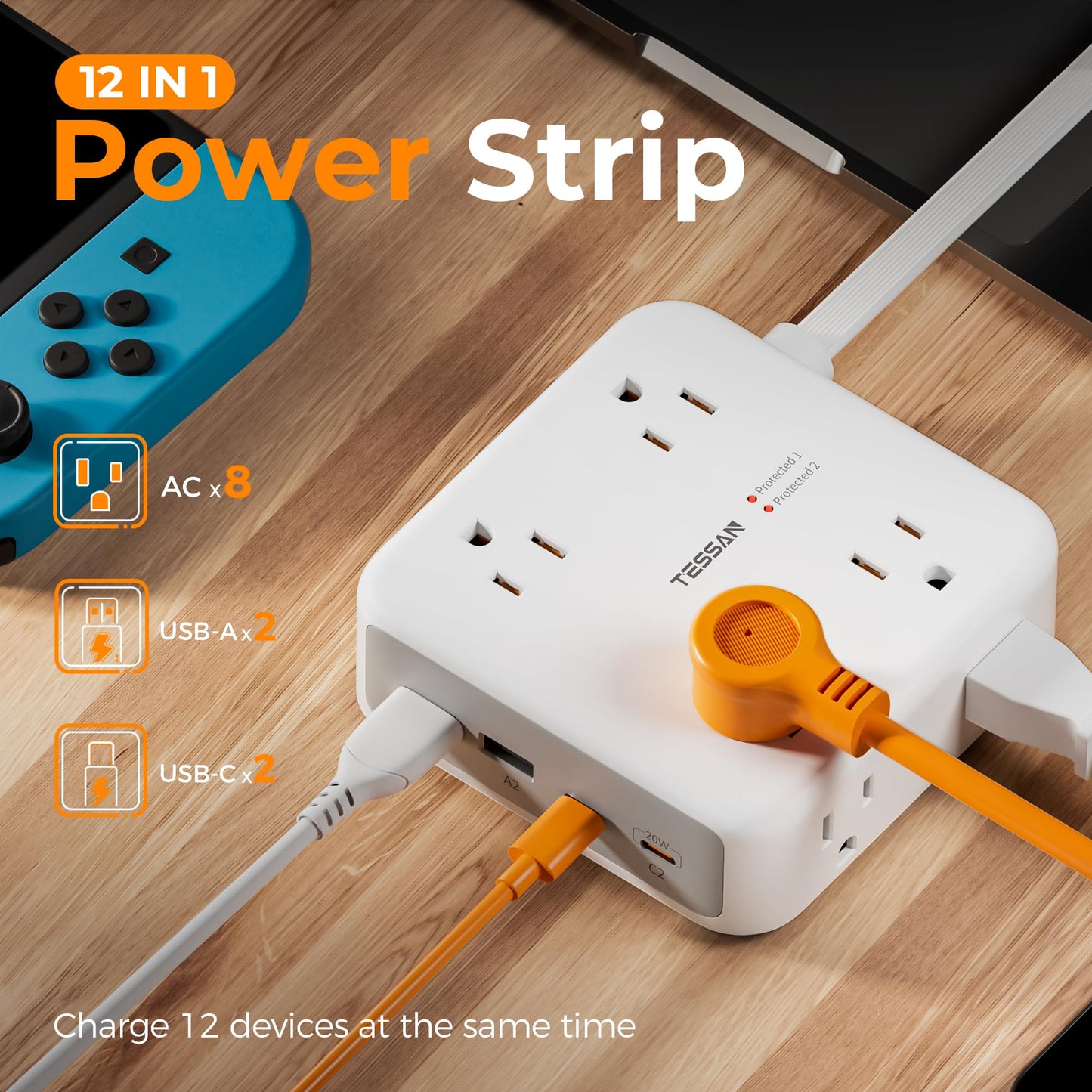 5ft Flat Plug Extension Cord Indoor, TESSAN Surge Protector Power Bar with 4 USB (2 USB C), Power Strip with 8 Multi Plug Outlets, Charging Station Wall Mount for Dorm Room Home Office
