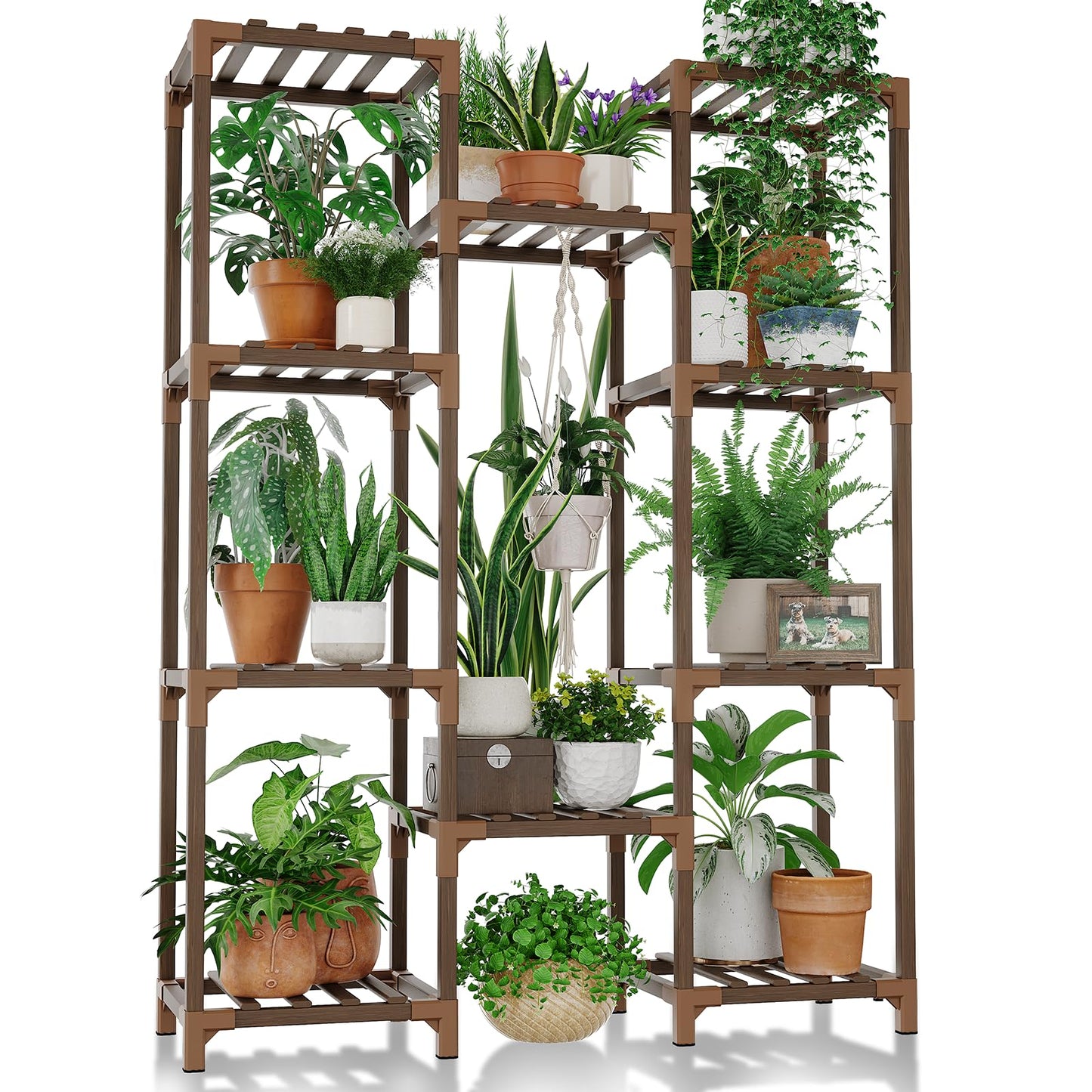 Bamworld Plant Stand Indoor Outdoor Hanging Plant Shelf for Multiple Plants Pots Wood Flower Stand Tall Large Flower Holder for Living Room, Patio, Balcony, Garden Decor, Brown