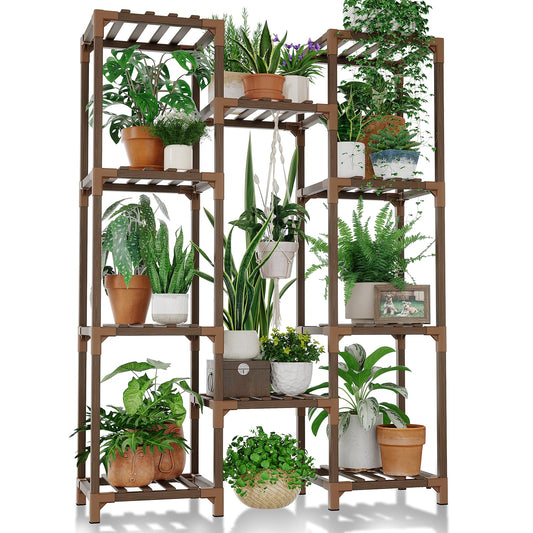 Bamworld Plant Stand Indoor Outdoor Hanging Plant Shelf for Multiple Plants Pots Wood Flower Stand Tall Large Flower Holder for Living Room, Patio, Balcony, Garden Decor, Brown