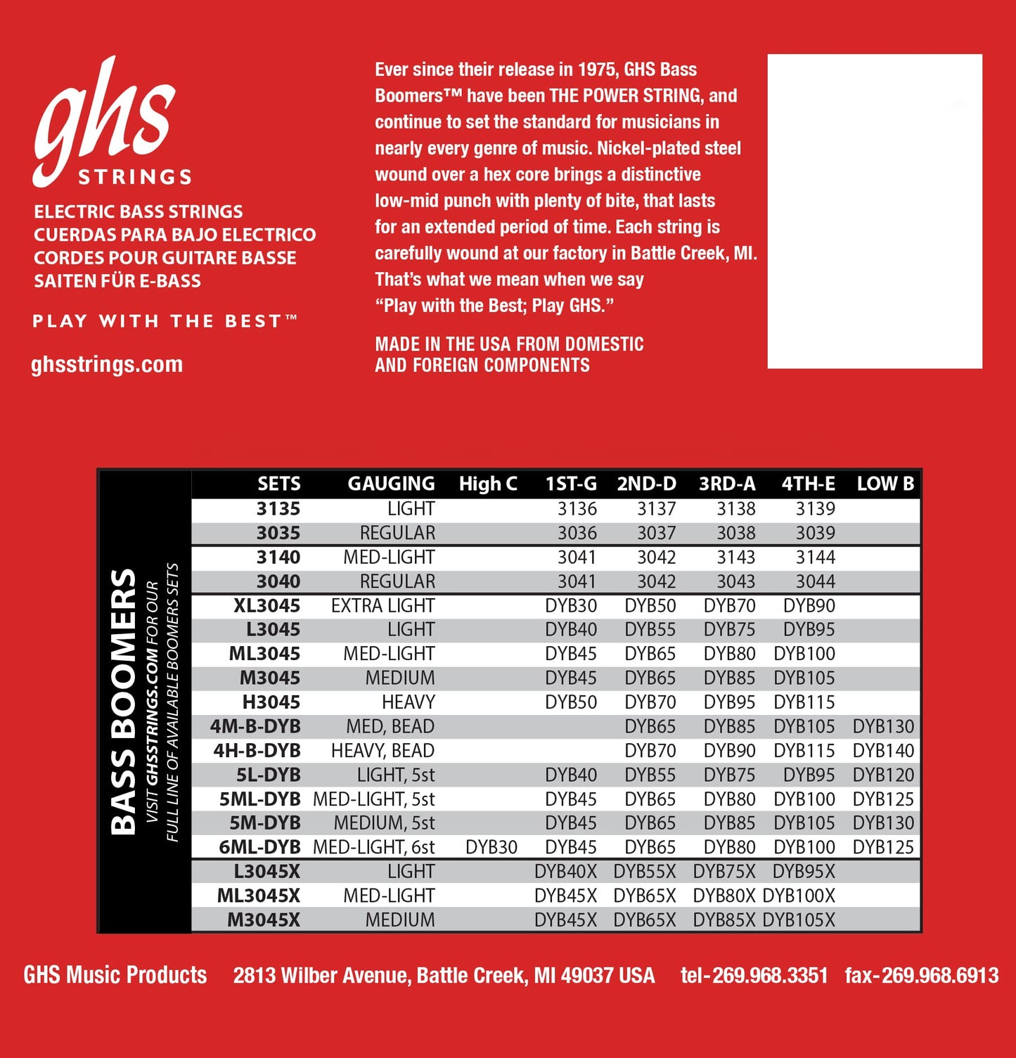 GHS Strings H3045 Bass Boomers, Heavy Set