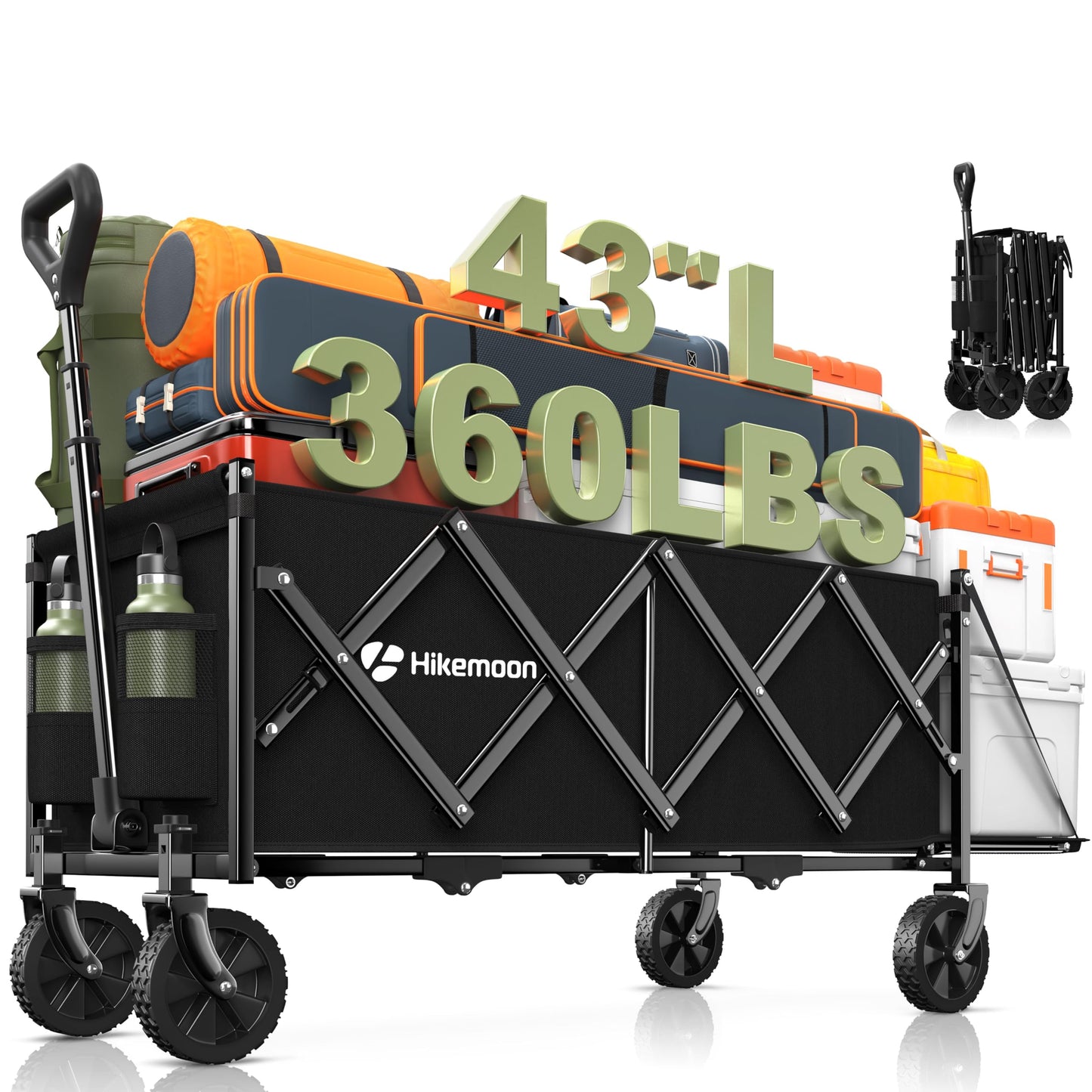 Hikemoon 43'' Extra Long Collapsible Wagon with Extended Tailgate, 360LBS Heavy Duty Wagons Carts Foldable, Portable Folding Outdoor Utility Cart for Grocery, Shopping, Garden, Camping, Black