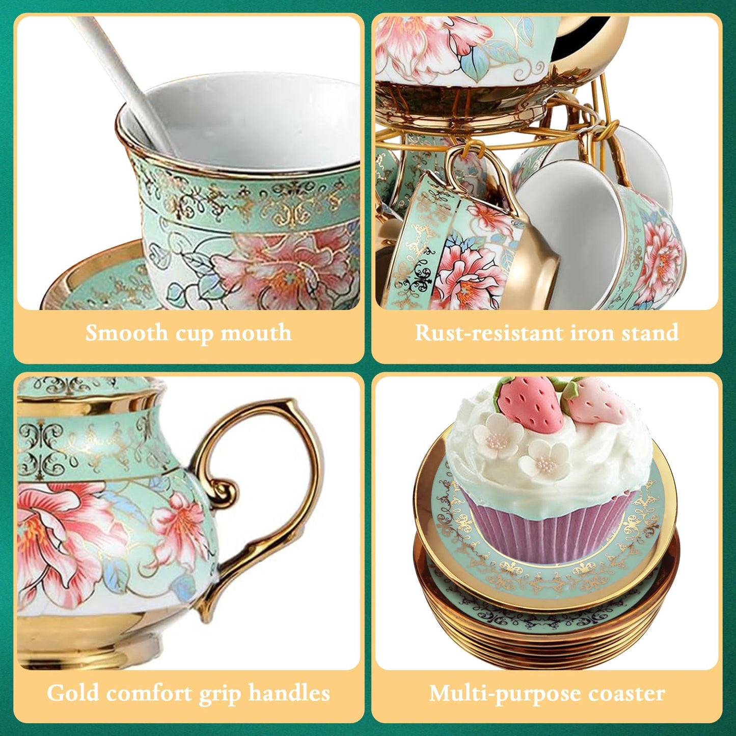 20 Pcs Porcelain Tea Set with Metal Holder, Adult Tea Sets Gift, European Ceramic Tea Set for Adults, Flower Tea Cup Saucer Set for Party with Gold Flower Painting (Fresh Green)