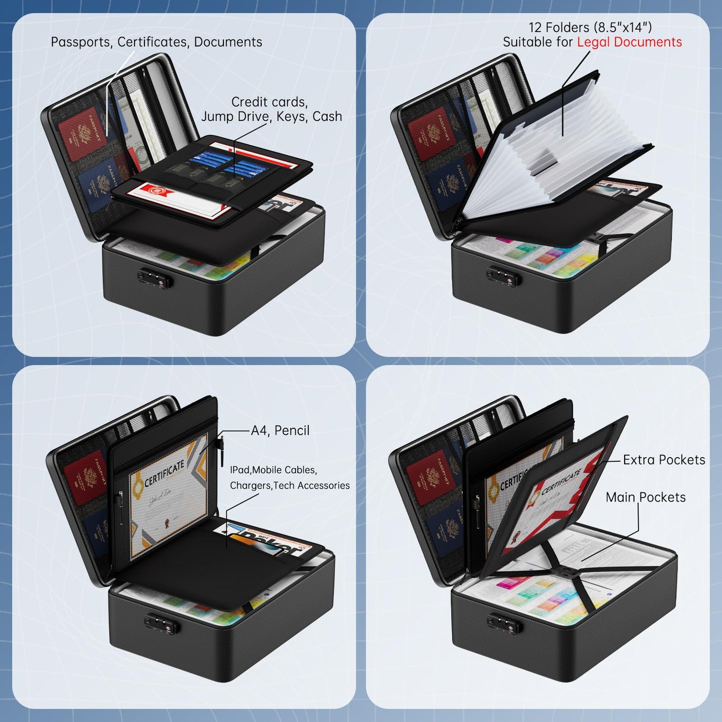 5200℉ Fireproof Document Bag, Plenty of Pockets, Legal Size/Letter/A4, Waterproof Zipper Document Box with Lock, 4-Layer Important Document Organizer, Portable Home Travel Office Safe Box