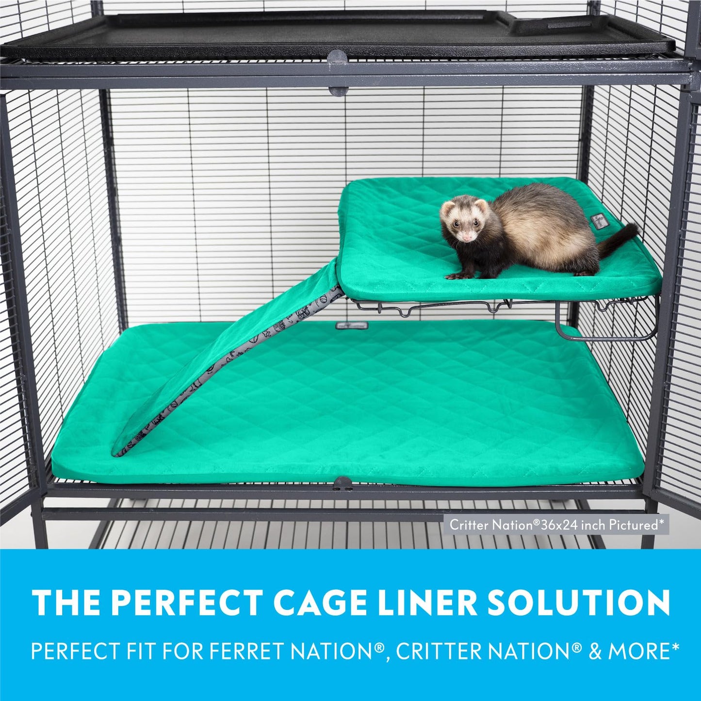 Paw Inspired® Fitted Fleece Cage Liners for Ferret Nation/Critter Nation Single Unit (Bottom Pan Liner, Ramp Cover, Shelf Liner) for Ferrets, Rats, Chinchillas, Hedgehogs, Other Small Animals (Green)