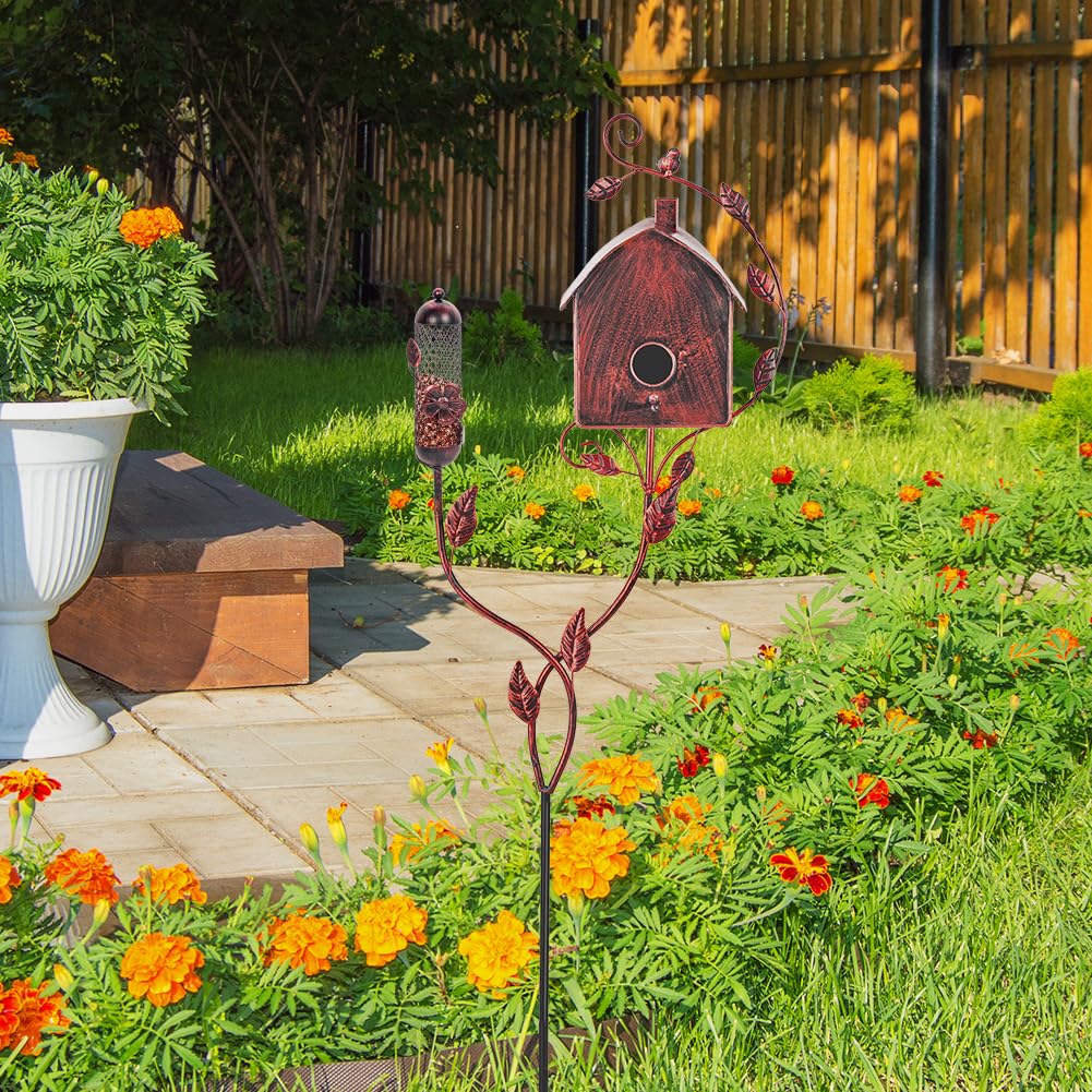 OUTSTAUES Metal Bird Houses for Outside with Pole, Squirrel-Proof Outdoor Bird House with Feeder for Patio Yard Garden Decorations, Copper