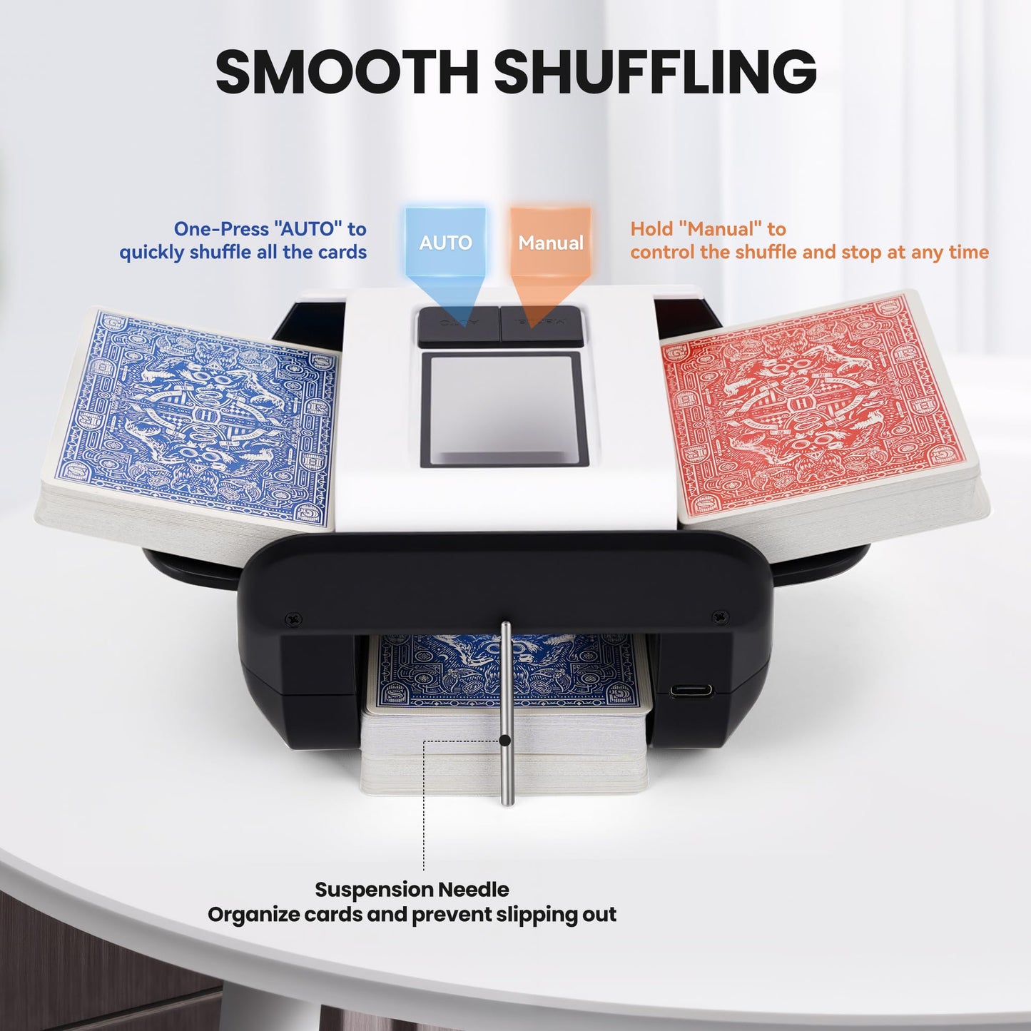 Automatic Card Shuffler for 1-2 Decks, Electric Playing Card Shuffler Machine, One Press Shuffling, Low Noise, Rechargeable & Portable Casino Card Shufflers for UNO, Poker, Bridge, Blackjack, Skip-Bo