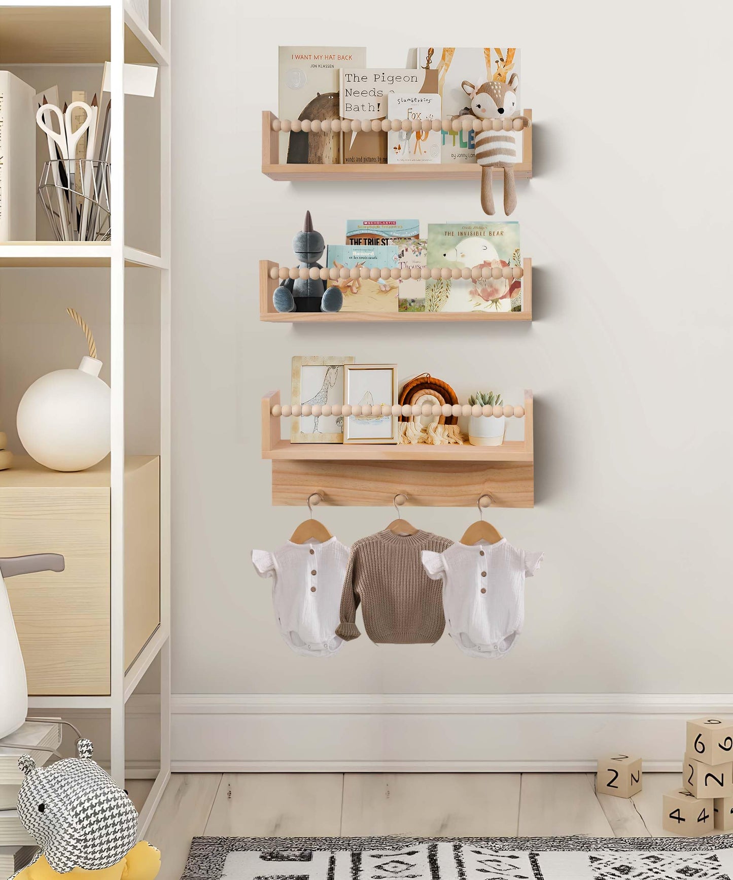 BIROLA Nursery Book Shelves with Beads Set of 3,Nursery Shelves for Bookshelf Wall,Wall Bookshelves for Kids，Bathroom Decor, Kitchen Spice Rack (Natural)