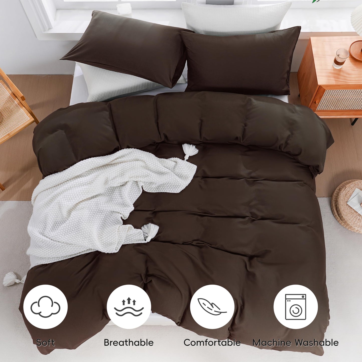 YHJWW Brown Duvet Cover Set Ultra Soft and Comfy 3 Piece Comforter Covers Bedding Set Includes 2 Pillowcases and 1 Duvet-Cover with Zipper (Queen 90"x90", No Comforter)
