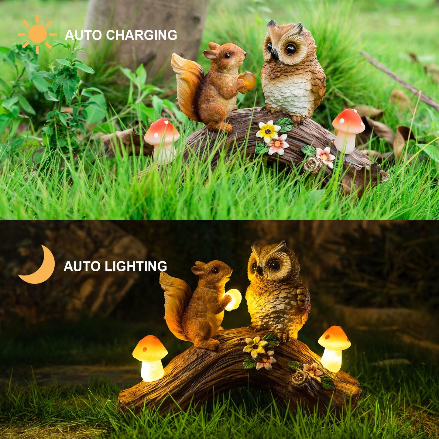 WONDHOME Solar Owl Garden Statues Outdoor Decor Resin Owl Squirrel Figurine with Mushroom Lights for Patio Lawn Yard Decorations Christmas Housewarming Gardening Gifts for Women Mom