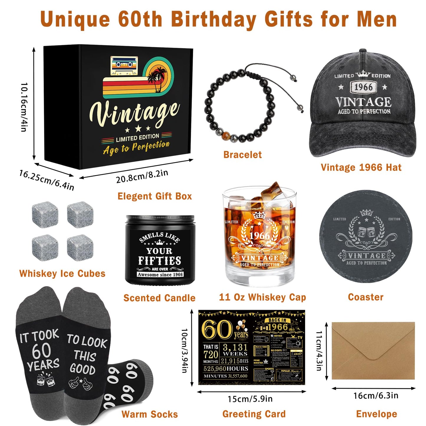 60th Birthday Gifts for Men, Cool 60th Birthday Decorations for Men, 60 Year Old Gifts for Man Who Have Everything, 1966 60th Birthday Gift Baskets for Man Whiskey Glass Baseball Cap Socks Stones