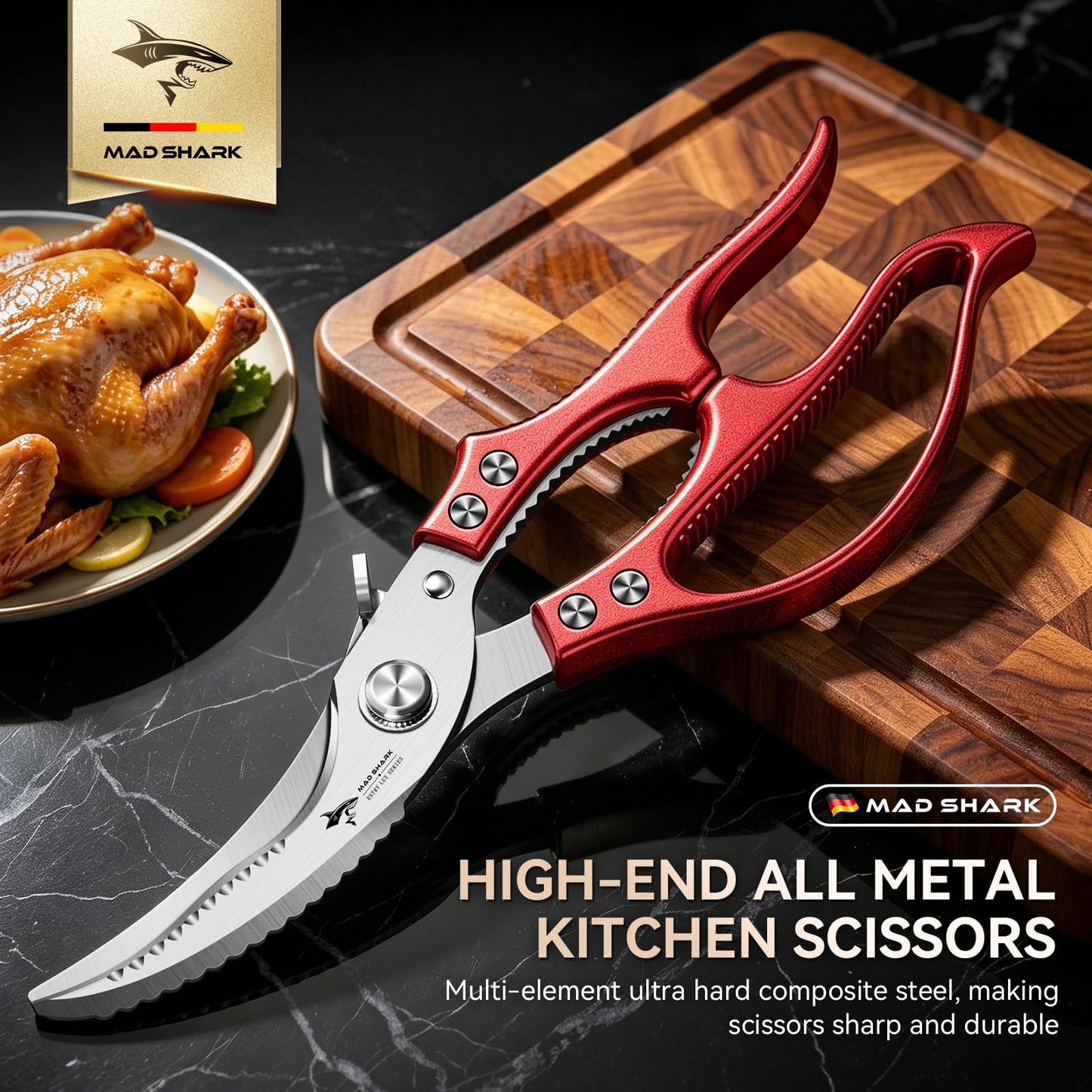MAD SHARK Heavy Duty Poultry Shears, Kitchen Shears with Non-Slip Handle & Safety Lock, All Purpose Kitchen Scissors for Chicken, Meat Cutting, Turkey, Fish, Vegetables, Spring Loaded (Red)