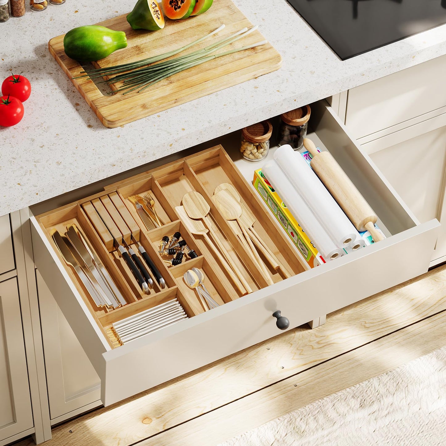 HO0BRO Large Silverware Organizer Kitchen Drawer Organizer, Magnetic Connected Expandable Utensil Organizer From 58 to 90 cm, Bamboo 16 Slots Cutlery Tray with Knife Holder, Natural YL07TL01