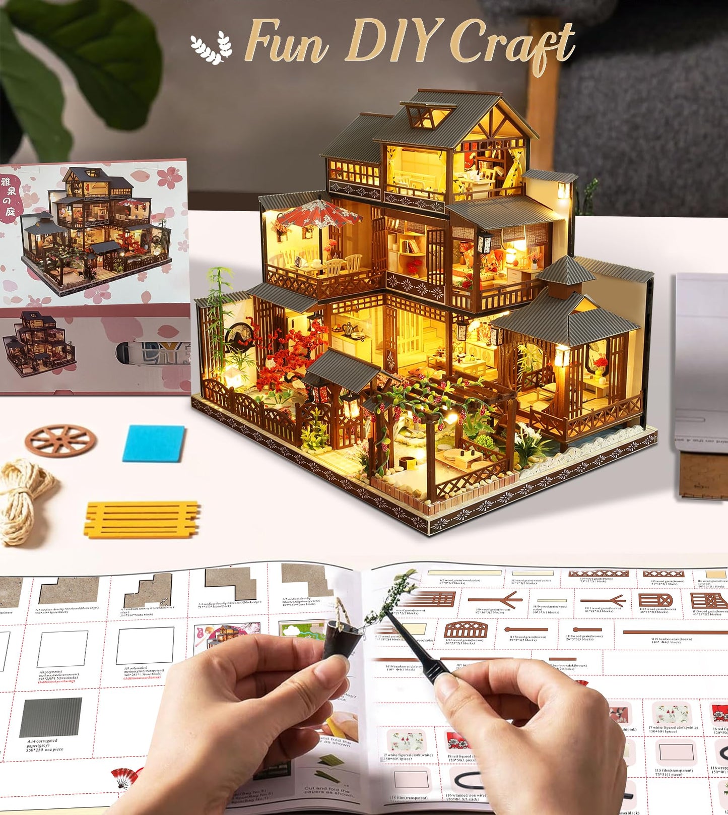Spilay DIY Dollhouse Miniature with Wooden Furniture Kit,Handmade Mini Japanese Style Home Craft Model LED with Music Box,1:24 Scale Creative Doll House Toys for Teens Adult Idea Gift (P006)