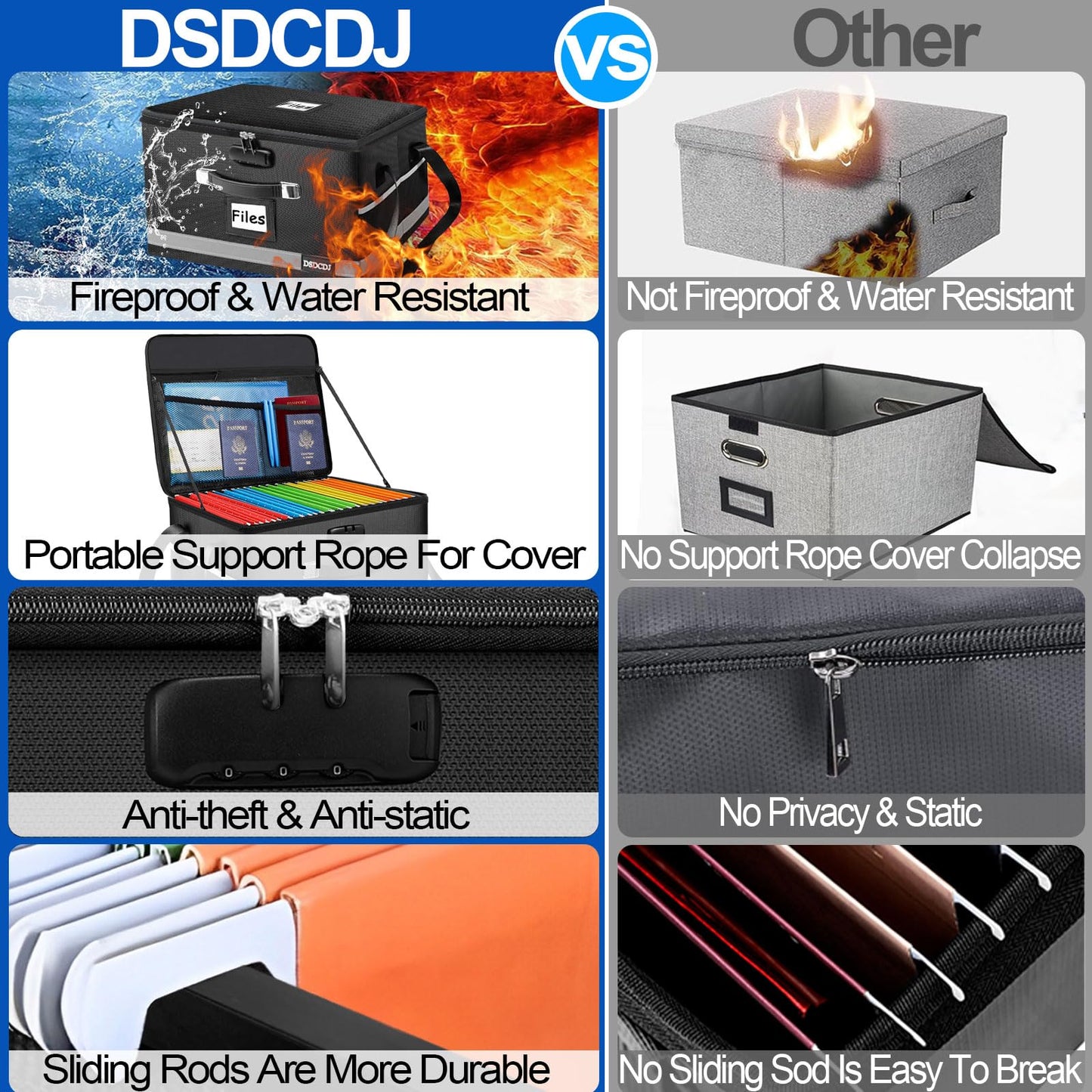 DSDCDJ Upgraded Fireproof File Box with Stay-Open Straps, Fireproof Document Box with Lock, Portable File Organizer Filing Cabinet with Handles for Hanging Letter/Legal Folder, 15.5" x 12.3" x 10.5"