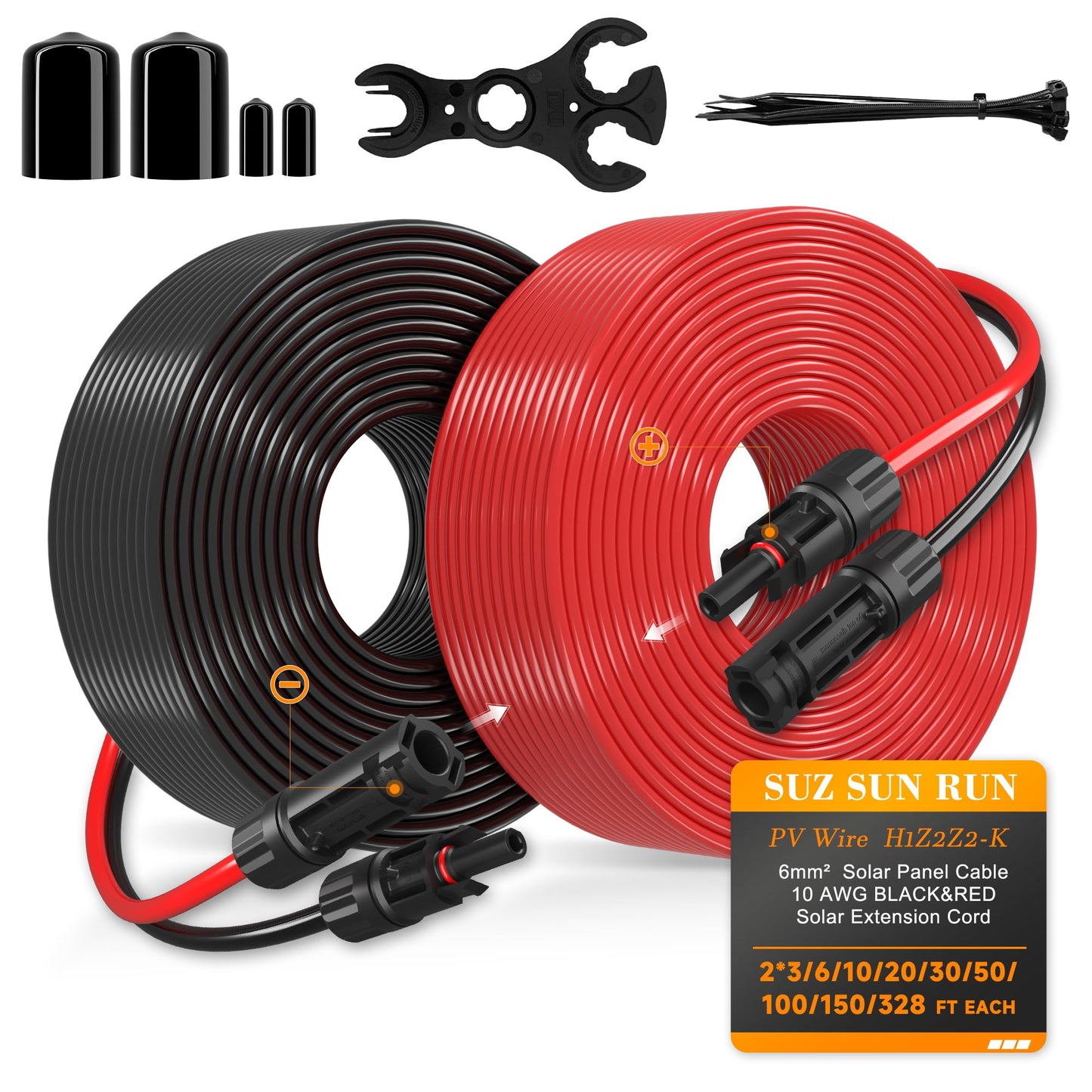 SJZSUNRUN 10 Gauge Wire Solar Extension Cable (30FT Black & Red) With 2 Pairs Connectors for PV Panels, Outdoor Automotive, Marine