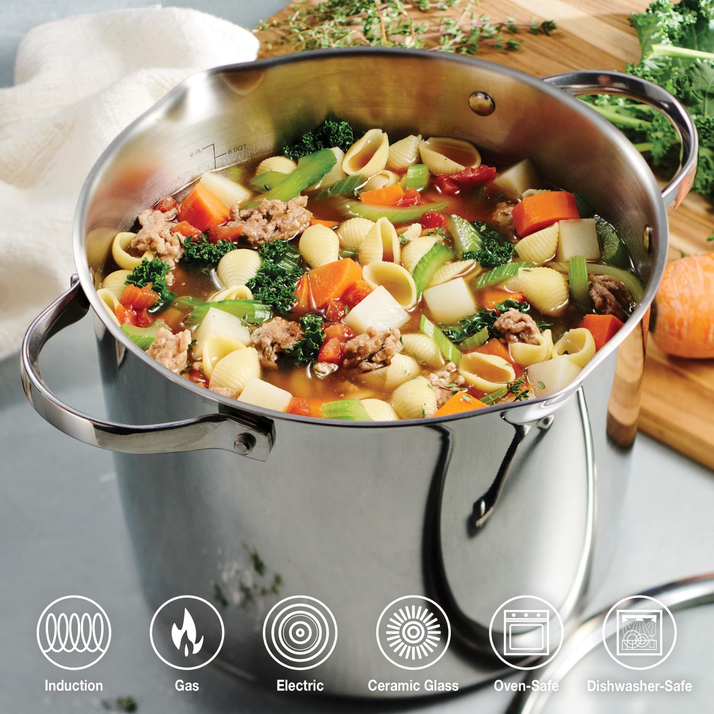 Tramontina Tempo Tri-Ply Base Stainless Steel 8-Quart Stock Pot with Glass Lid, Induction-Ready Pasta Pot, Oven-Safe, Dishwasher-Safe