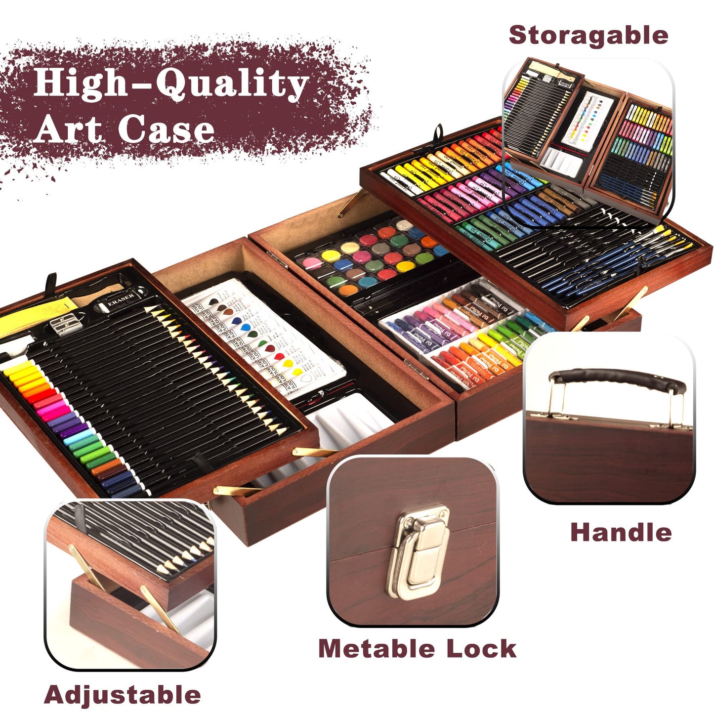 KINSPORY Art Supplies, 168-Pack Deluxe Creative Christmas Gift, Wooden Art Set Crafts Drawing Painting Coloring Kit with 1 Coloring Book, 2 Sketch Pads for Artist Beginners Kids Girls Boys (Deep Brown)