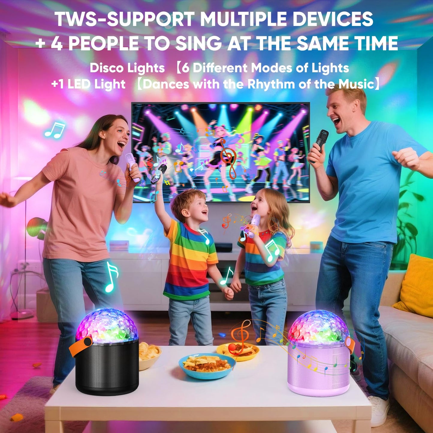 Exssary Karaoke Machine with Disco LED Lights for Kids Adults, Toys Birthday Gifts for Girls 3 4 5 6 7 8-12 Years Old Portable Speaker with 2 Bluetooth Microphone Family Home Party
