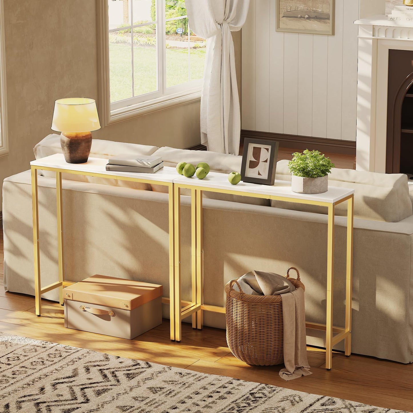 HOOBRO Narrow Console Table, 29.5" Small Entryway Table, Thin Sofa Table, Side Table, Display Table, for Hallway, Bedroom, Living Room, Foyer, White and Gold DW75XG01
