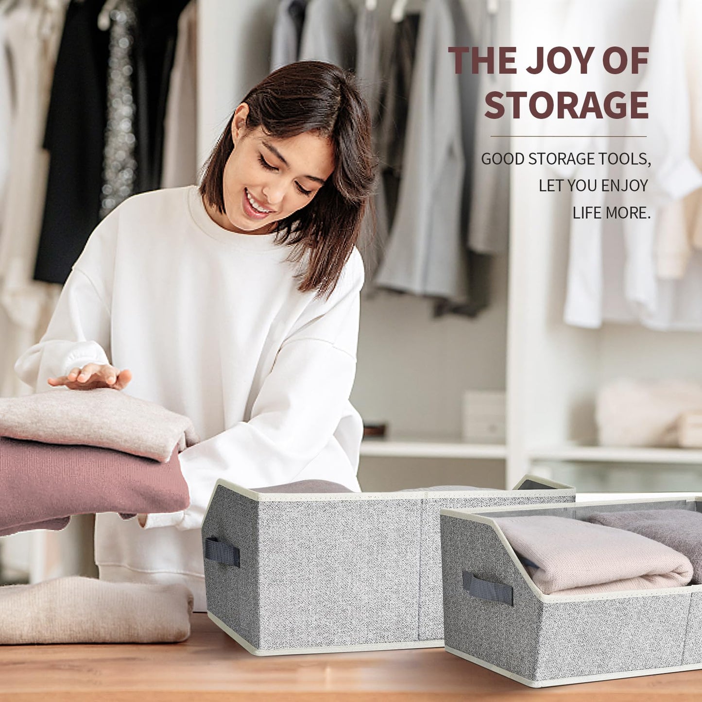 DIMJ Closet Organizers Bins Shelves - 6 Pack Foldable Storage Baskets with Handles, Fabric Trapezoid Storage Bin Organization for Clothes,Towels, Ant Grey