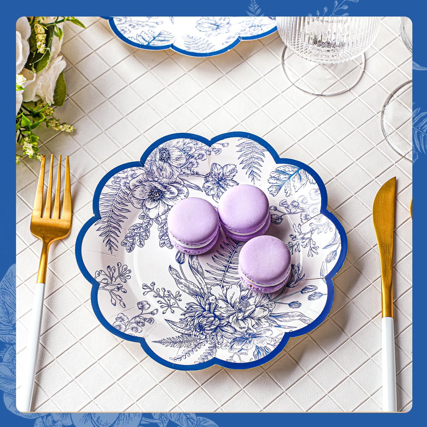 100 Pcs Blue Floral Paper Plates Disposable Dessert Baby Bridal Shower Party Supplies Floral Dessert Plates Bulk Birthday Tea Party Serving Tray for Wedding Birthday Supplies