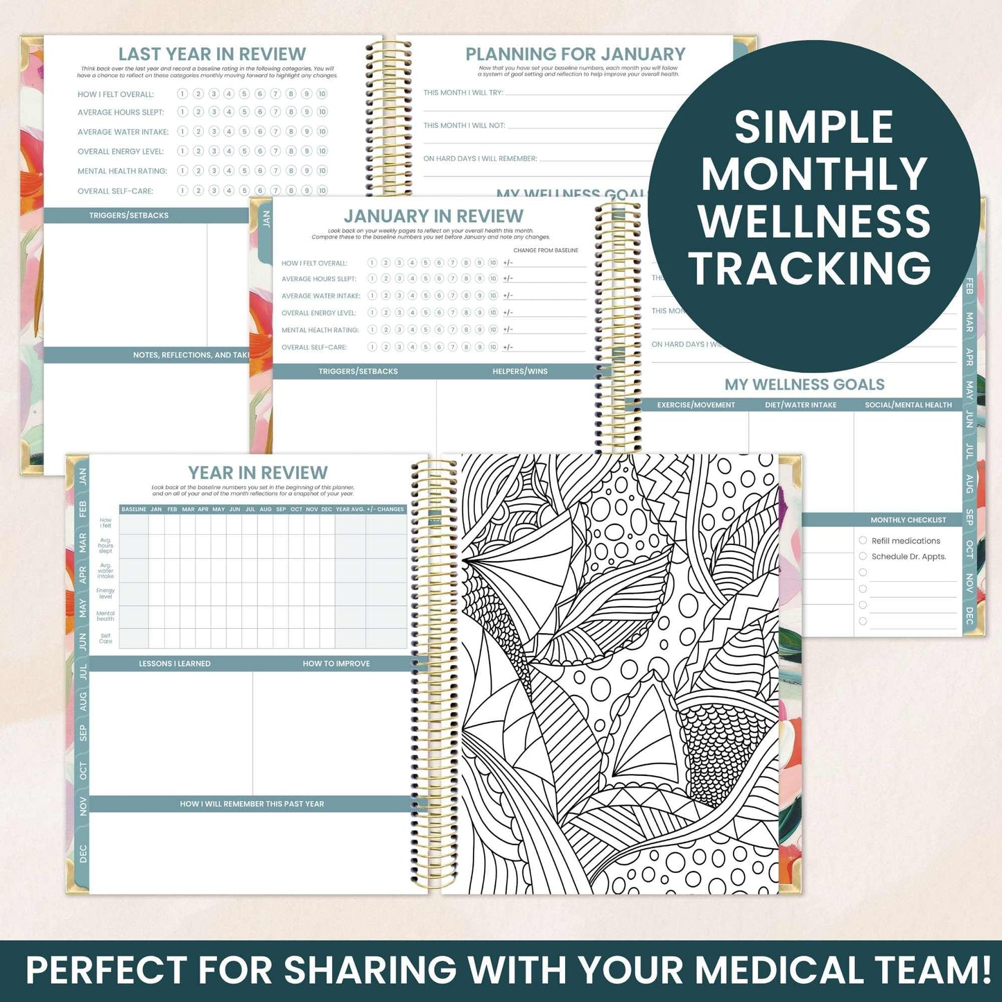 bloom daily planners Undated Chronic Illness Planner & Medical Journal - 12 Month Pain & Symptom Tracker, Mood & Medication Log, Appointment Organizer (7” x 9”) - Brushstroke Blooms