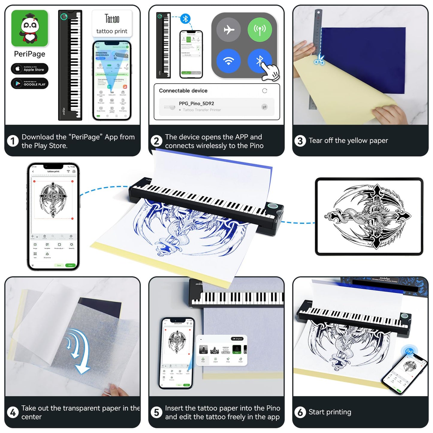 PeriPage P90-Pino Wireless Tattoo Stencil Printer, Inkless Thermal Tattoo Machine with Piano-Inspired Design, Portable Tattoo Printer Kit Compatible with Phones, Tablets & PC