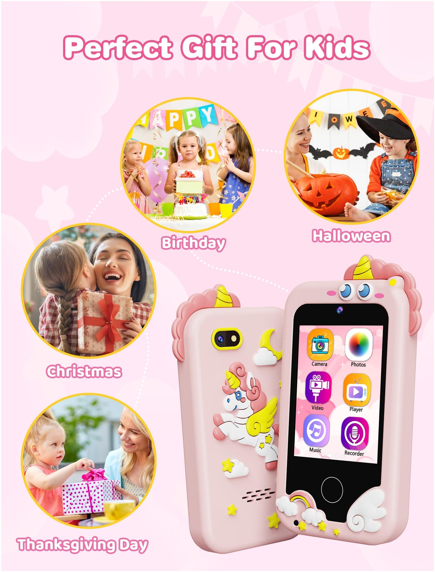 Kikidex Kids Smart Phone for Girls, Perfect Christmas Birthday Gifts for 3-8 Year Old Kids, Touchscreen Learning Play Toy Smartphone with Dual Camera, Puzzle Game, Music Player (Pink)