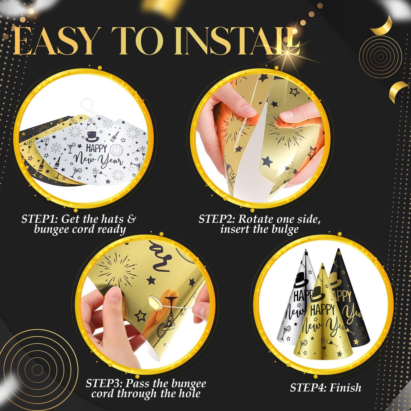 100 Pcs Happy New Year Party Supplies New Years Eve Hats Bulk Black Silver Gold Cone Hats for Adults Photo Props Supplies