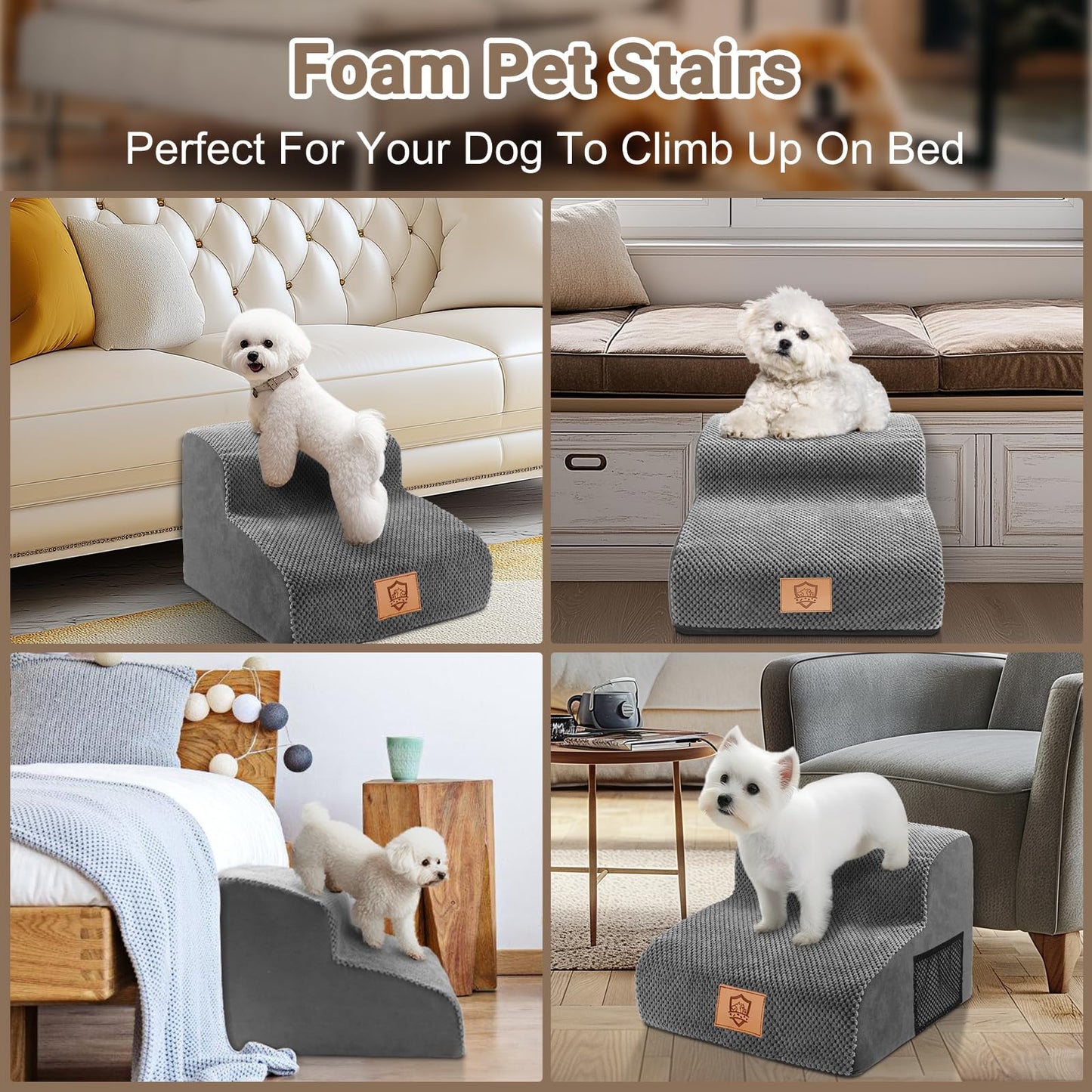 Almcmy 2-Step Dog Stairs for High Bed, Foam Pet Stairs with Removable Washable Cover, Non-Slip Dog Steps Ramp for Small & Older Dogs, Holds Up to 50 lbs, Grey