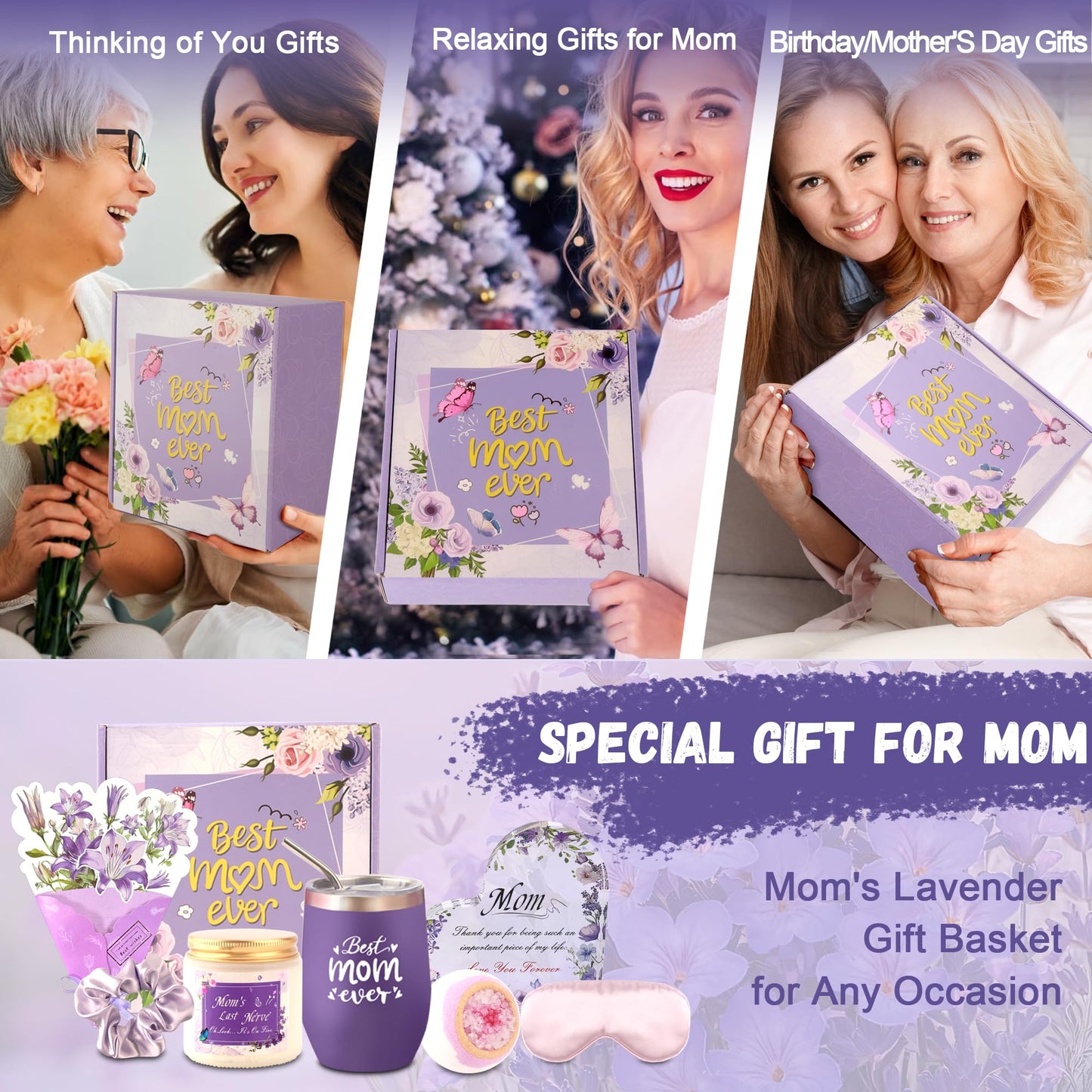 Gifts for Mom, 9PCS Unique Mom Birthday Gifts, Purple Lavender Relaxing Spa Get Well Soon Gift Basket Set for Mom, Mothers Day Gifts from Daughter Son