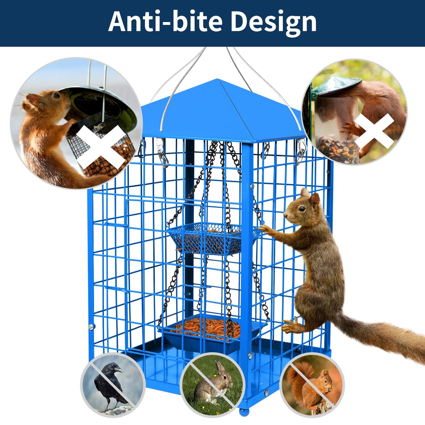 Mealworms Bird Feeders for Bluebirds - Metal - Huge Caged Squirrel-proof Bird Feeders with 2 Cups, DIY Wild Bird Feeders Outdoor Hanging (Blue), Attract Small Birds, 2lbs Seed Capacity+1 Mealworms Cup