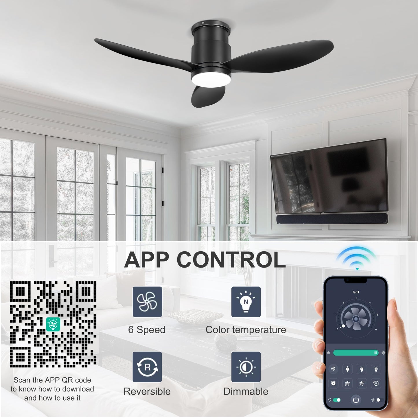Ohniyou 42'' Flush Mount Ceiling Fan with Light, Remote & App Control, 3 Colors & Dimmable, Silent DC Motor, Low-Profile Indoor Fan for Bedroom, Kitchen, Living Room (Black)