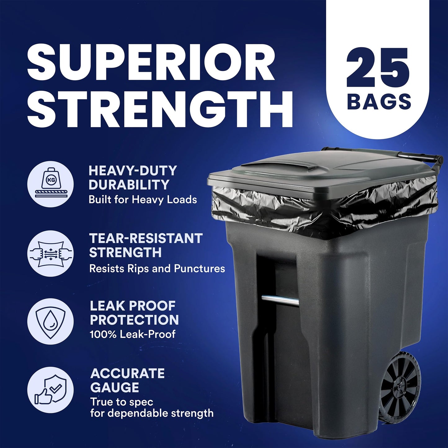 Plasticplace 64-65 Gallon Black Trash Bags, Heavy Duty Toter Can Liners, Tear & Leak-Proof, Industrial Strength, 25 Count, Large Garbage Bags for Kitchen & Commercial Use 1.2 Mil, 50" x 60"